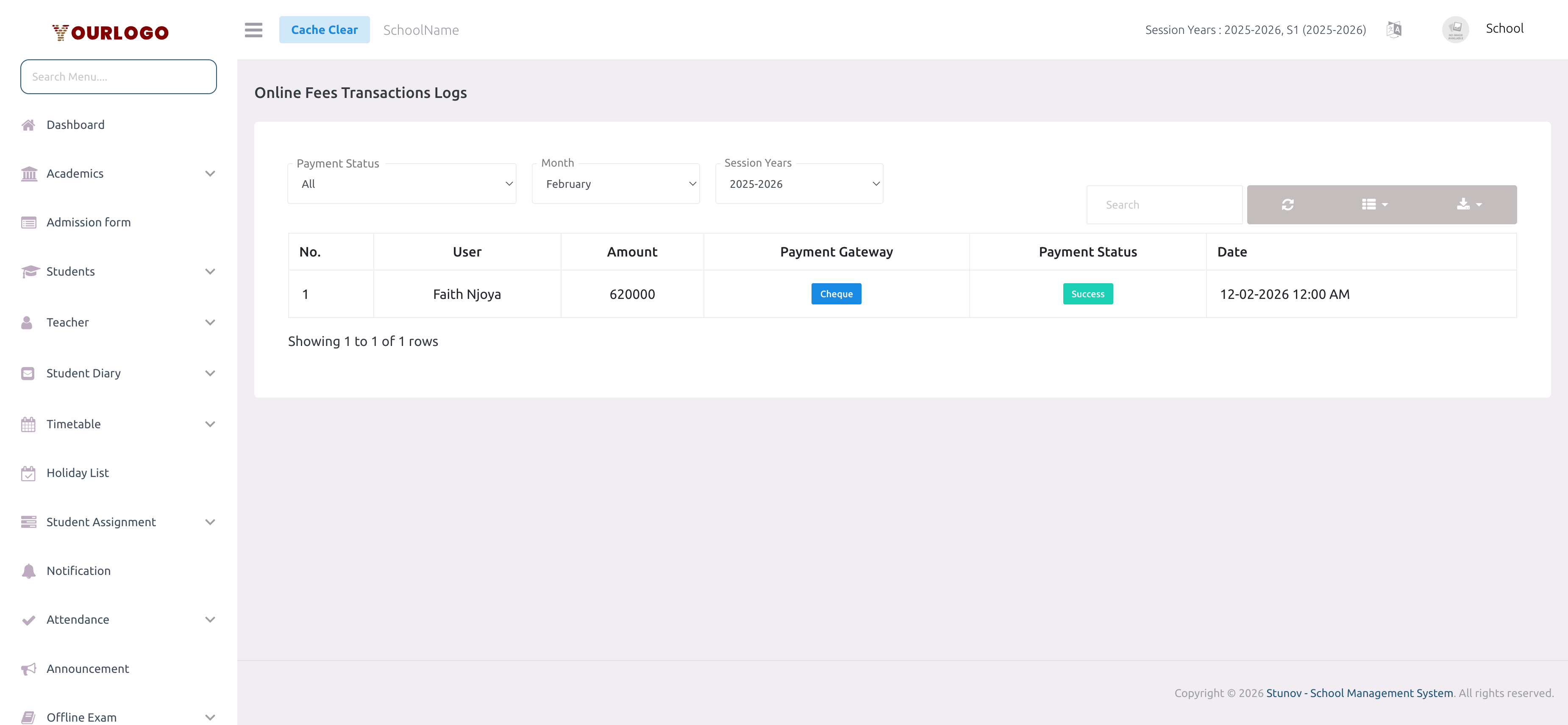 Fees Transaction Logs page showing online payment records with status badges
