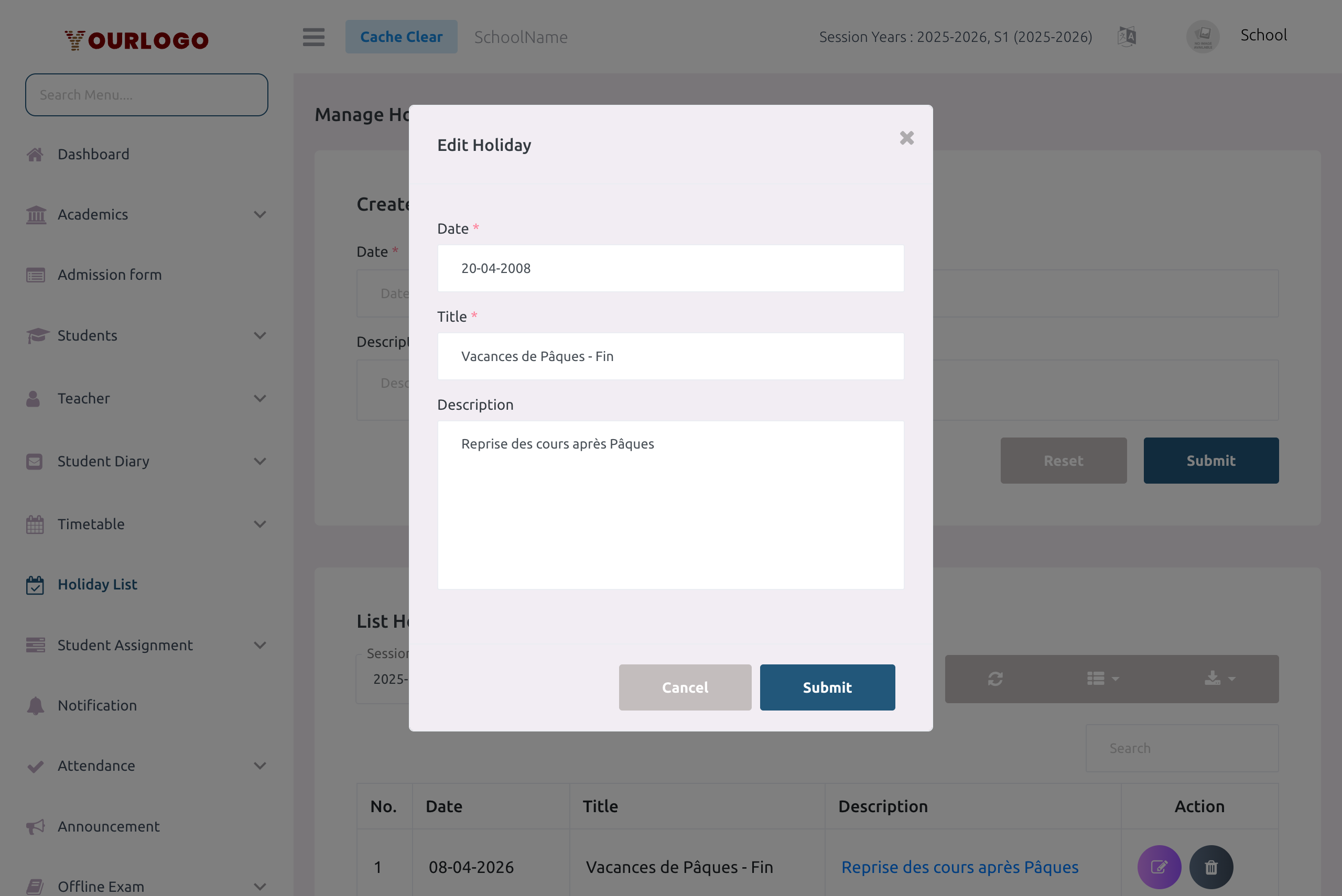 Holiday edit modal with date, title, and description fields pre-filled