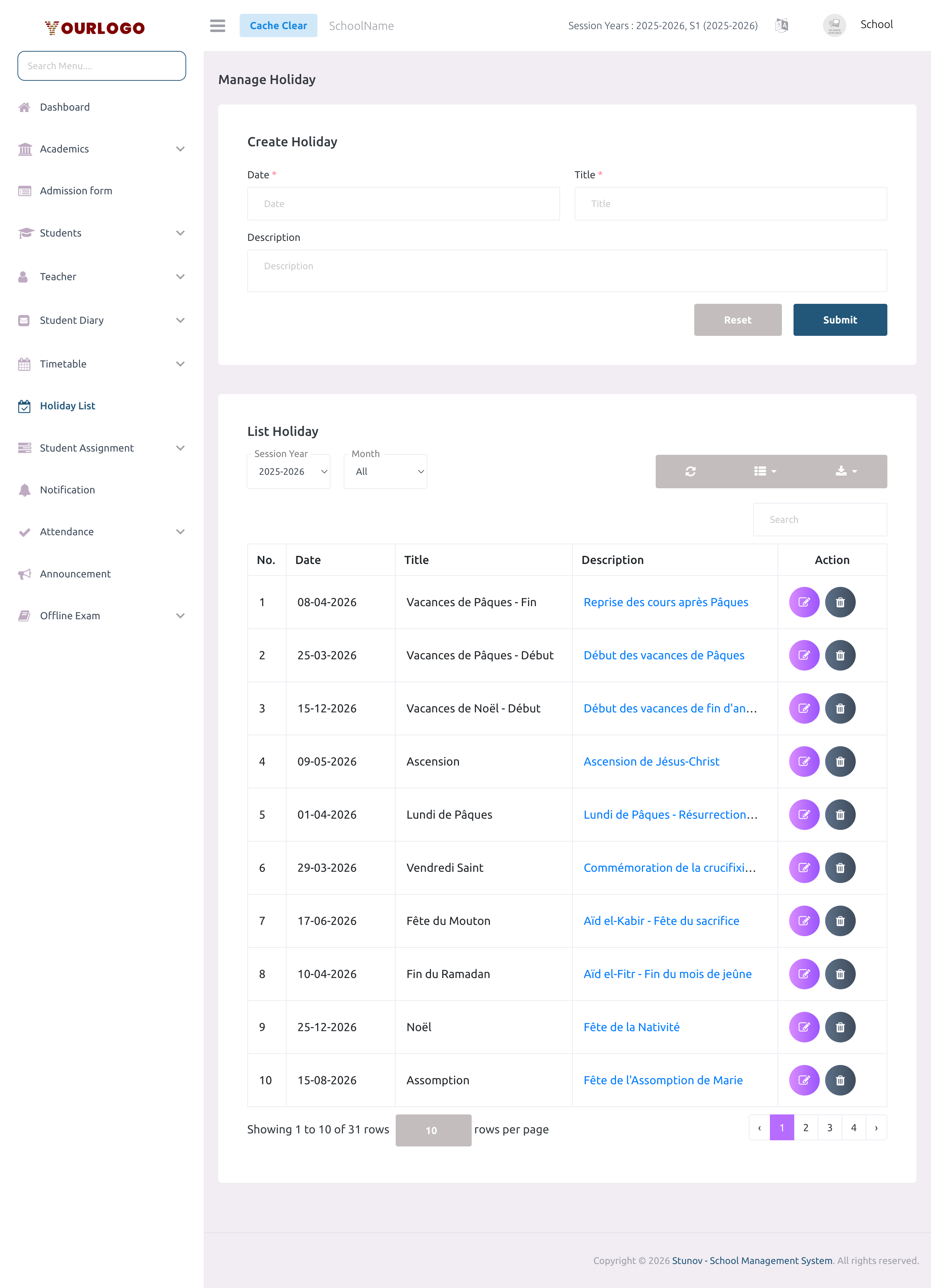 Holiday management page showing the create form and list table