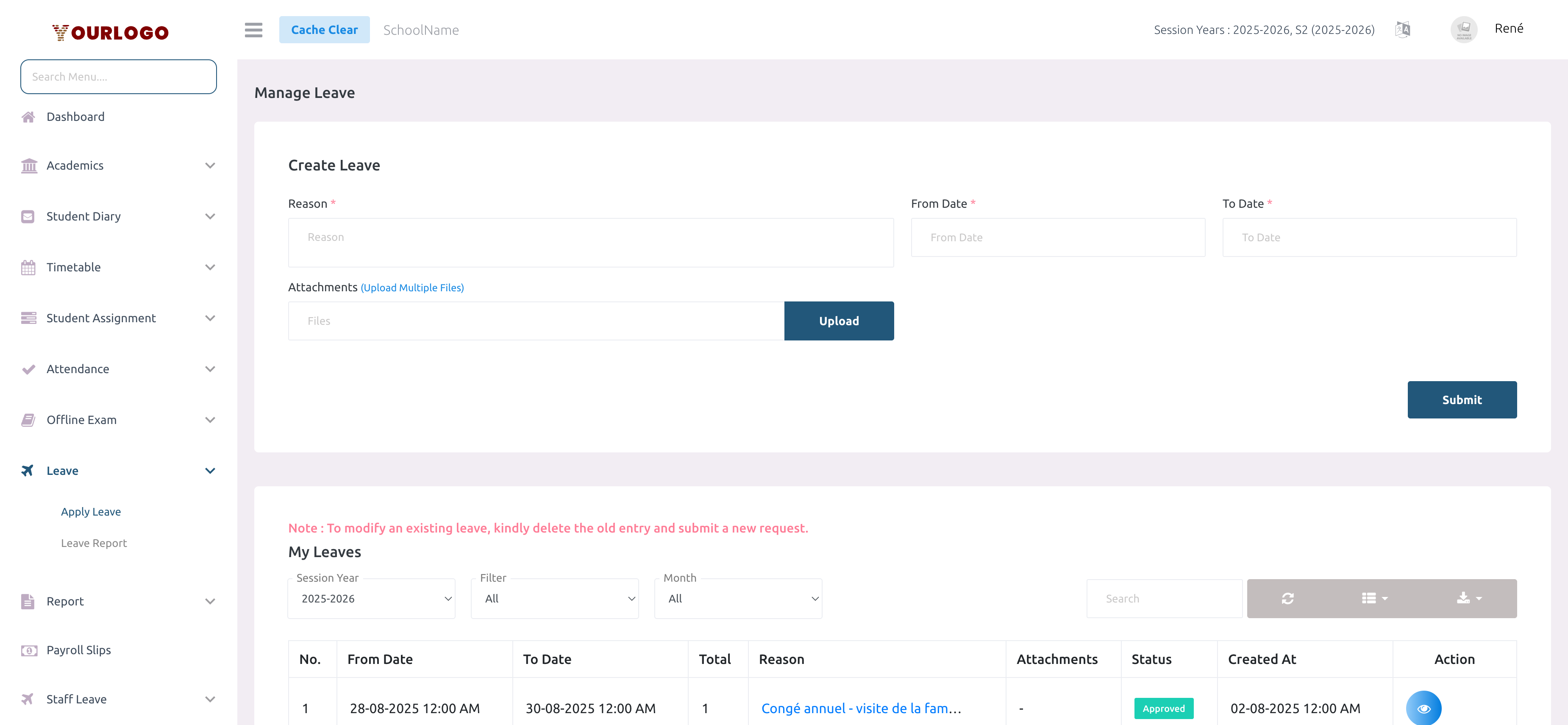 Apply Leave page showing the create form and My Leaves table