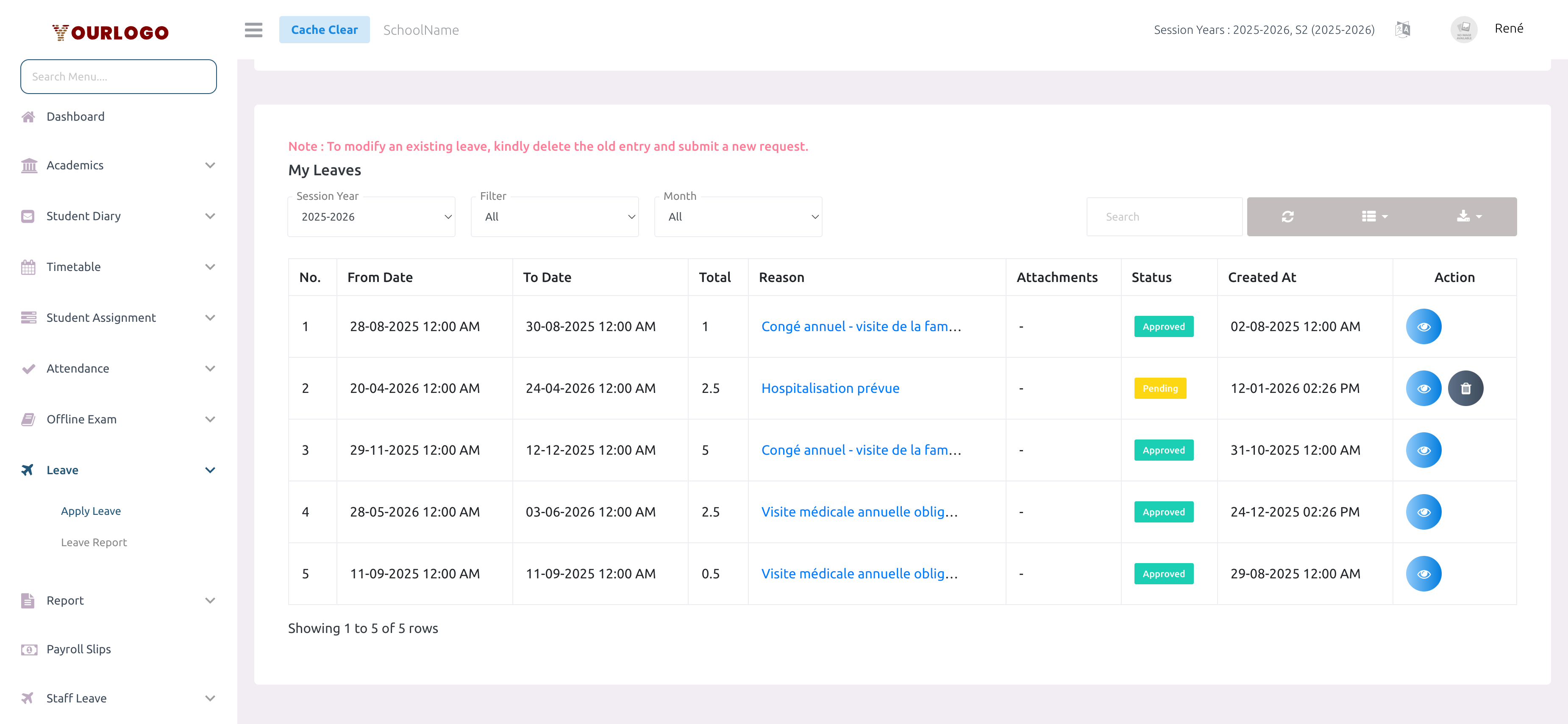 My Leaves table with filters and leave entries