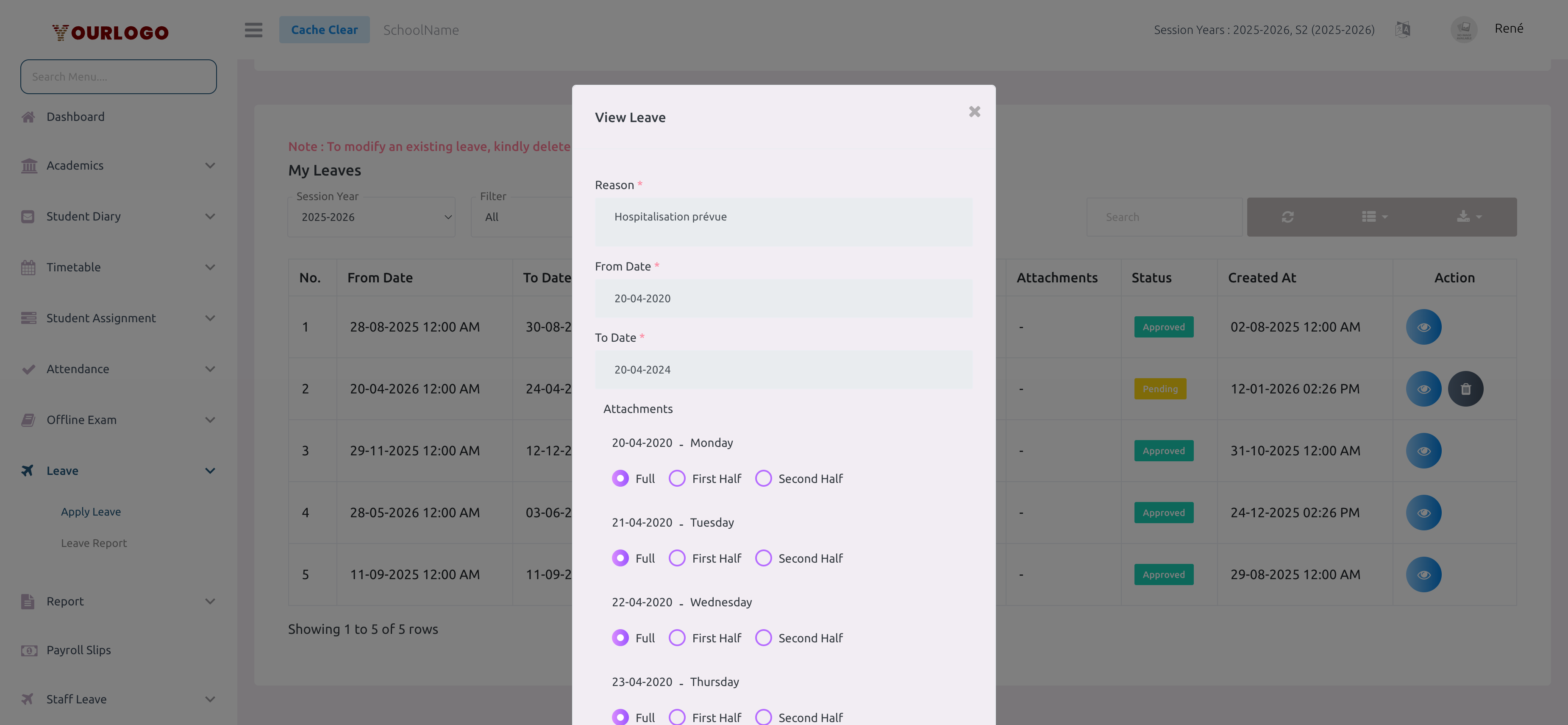 View Leave modal showing reason, dates, and per-day full/half selection