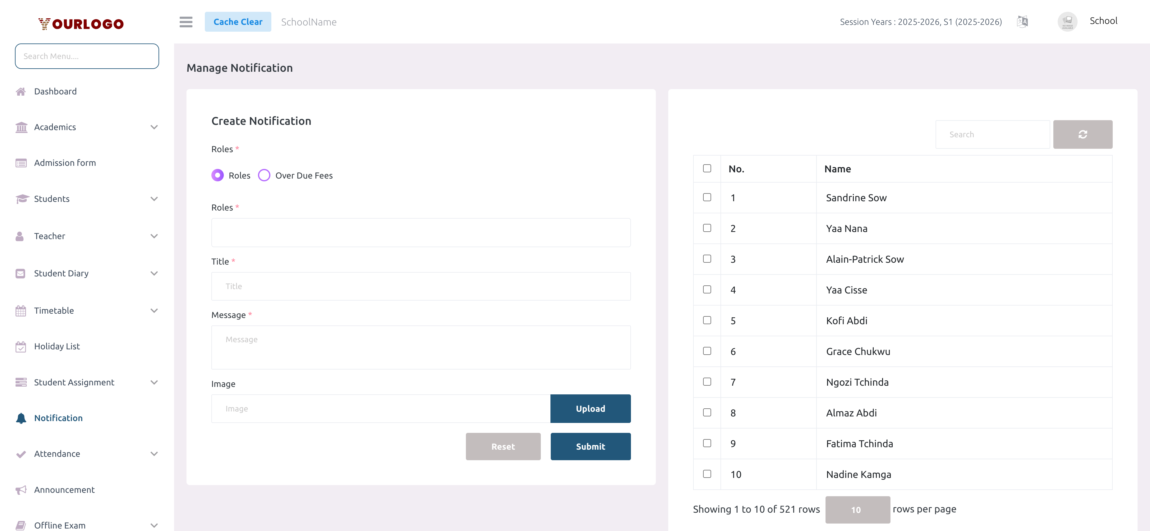 Create notification form with type selection, roles dropdown, title, message, and image upload fields alongside the user selection table