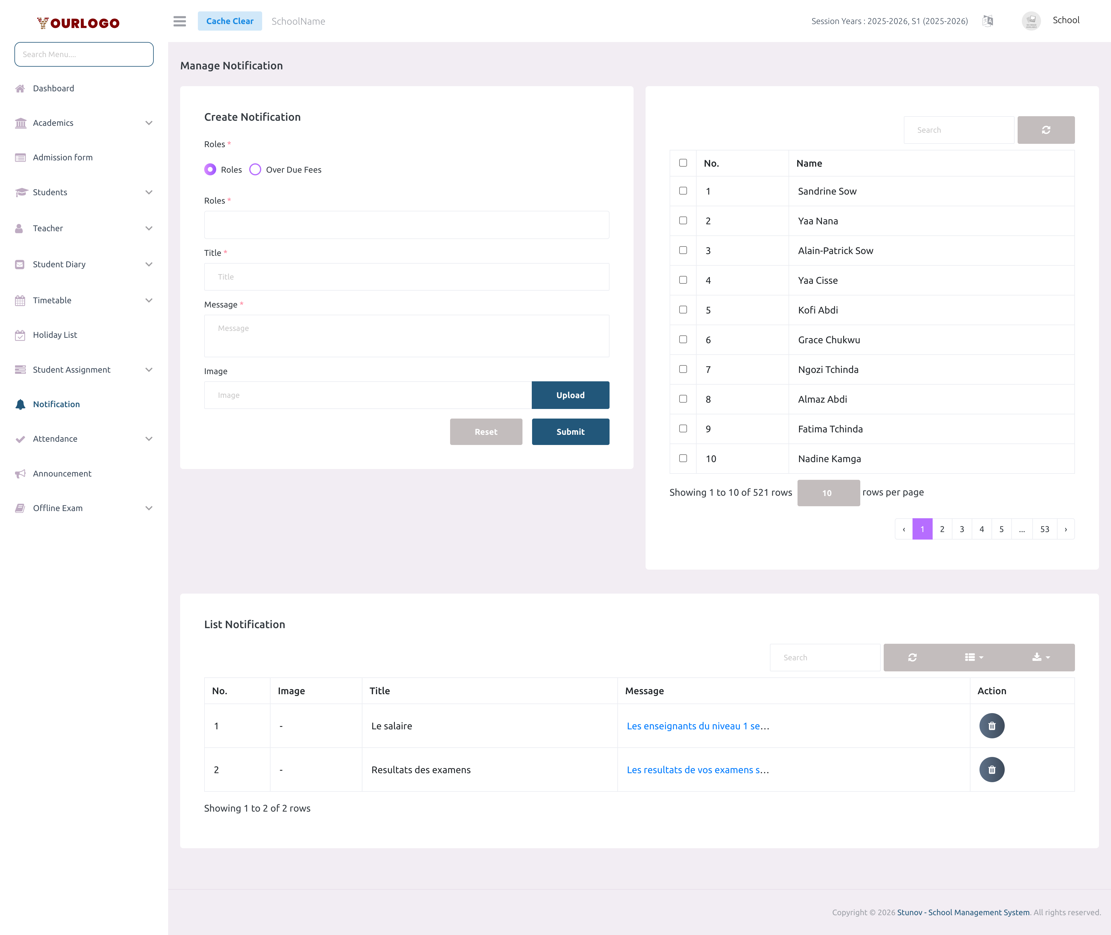 Notification management page showing the create form, user selection table, and notification history list