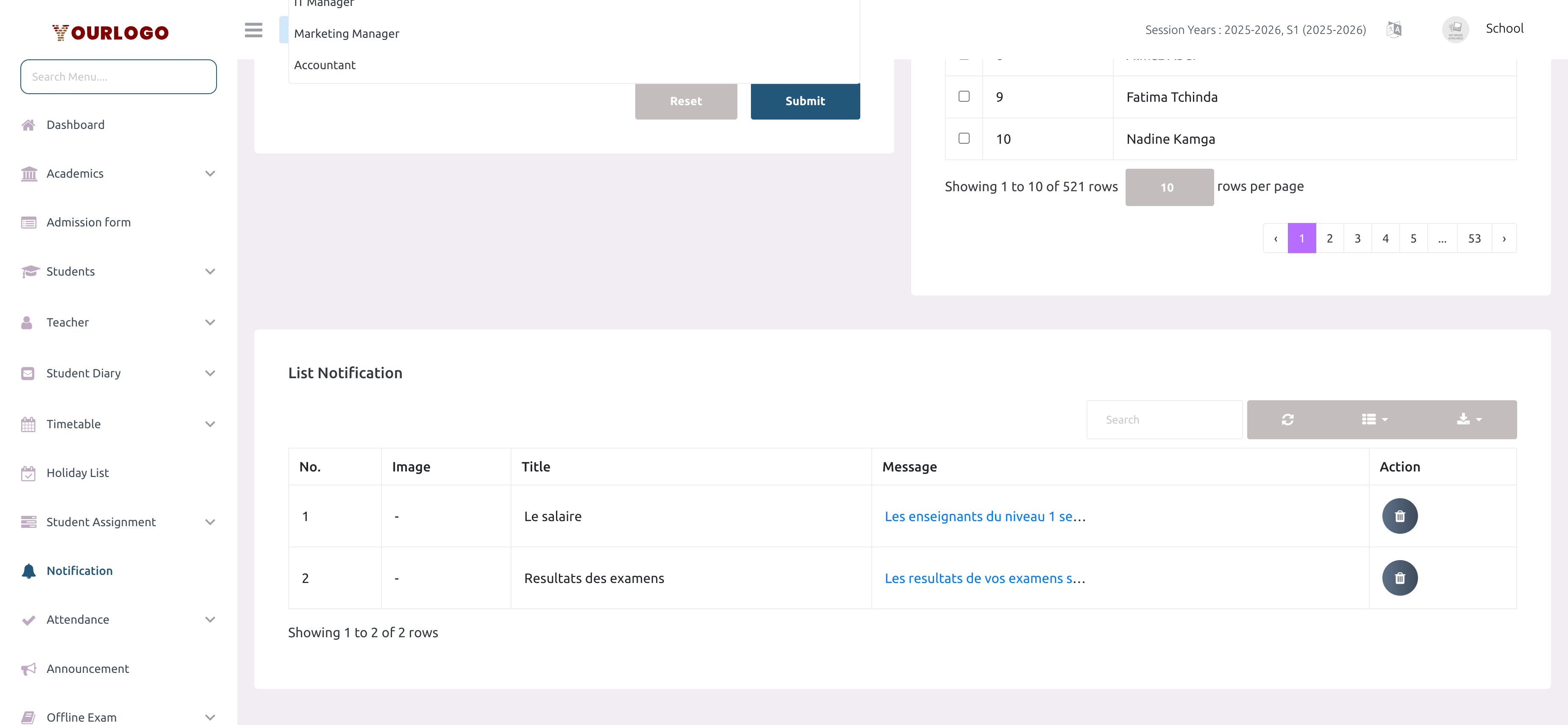 Notification history list showing sent notifications with title, message, and delete action