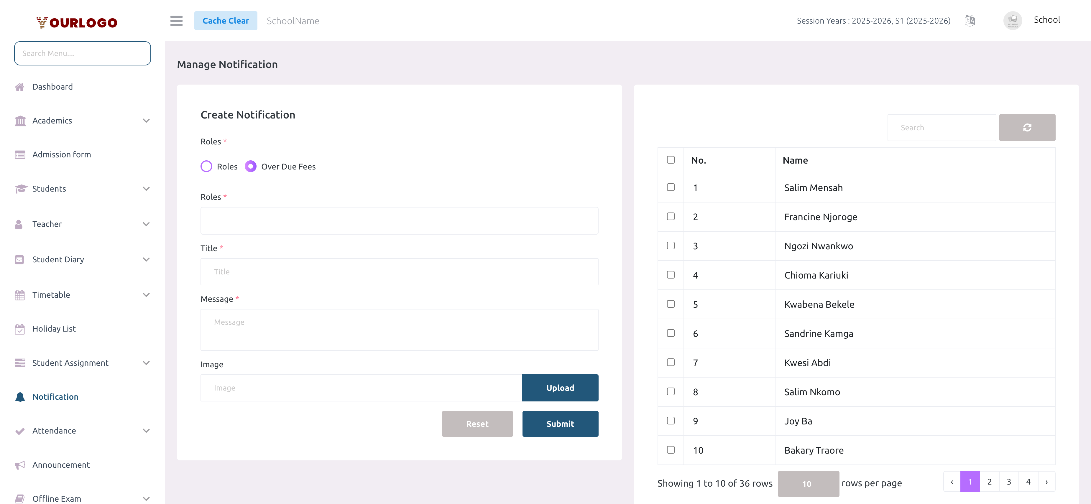 Notification form in Over Due Fees mode showing filtered user list of students with unpaid fees