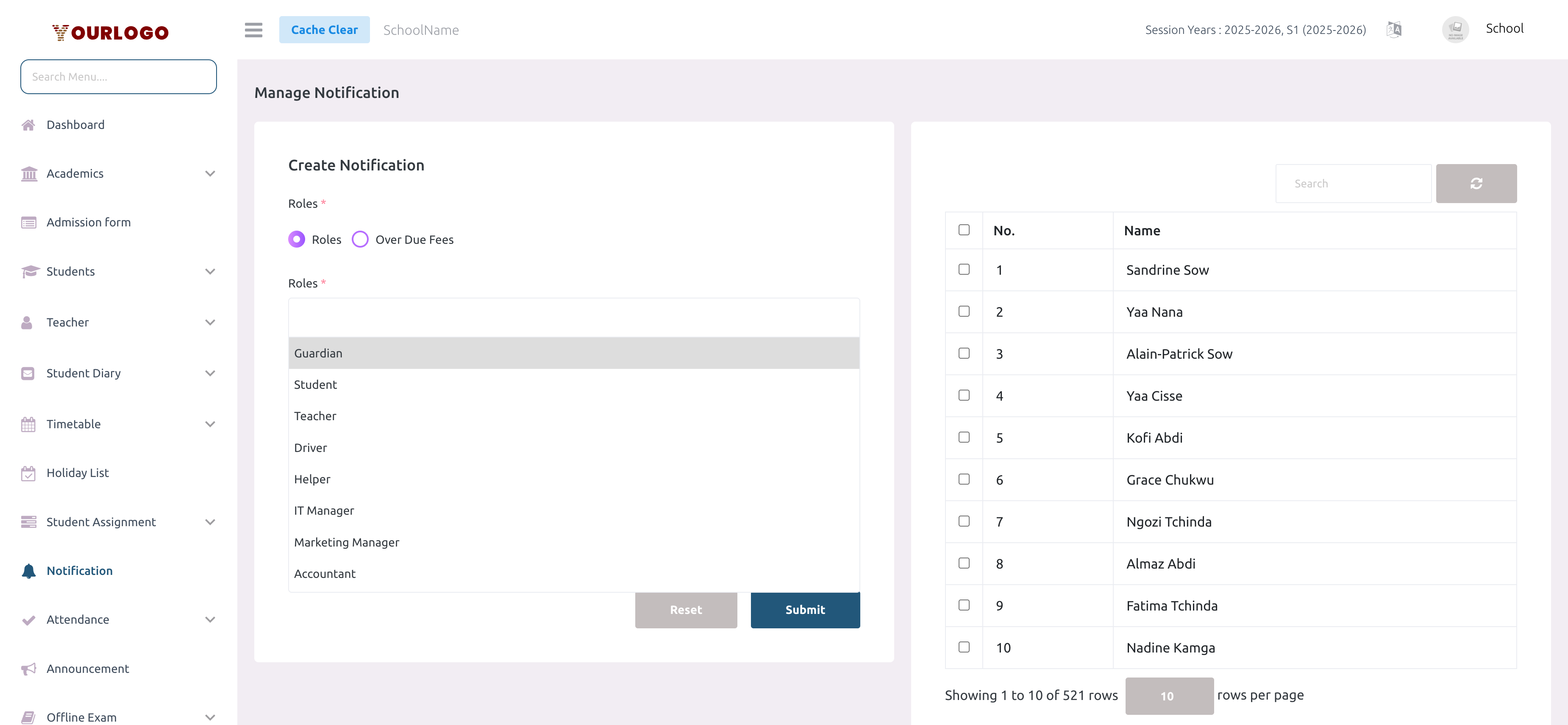 Roles dropdown expanded showing all available roles: Guardian, Student, Teacher, Driver, Helper, IT Manager, Marketing Manager, Accountant