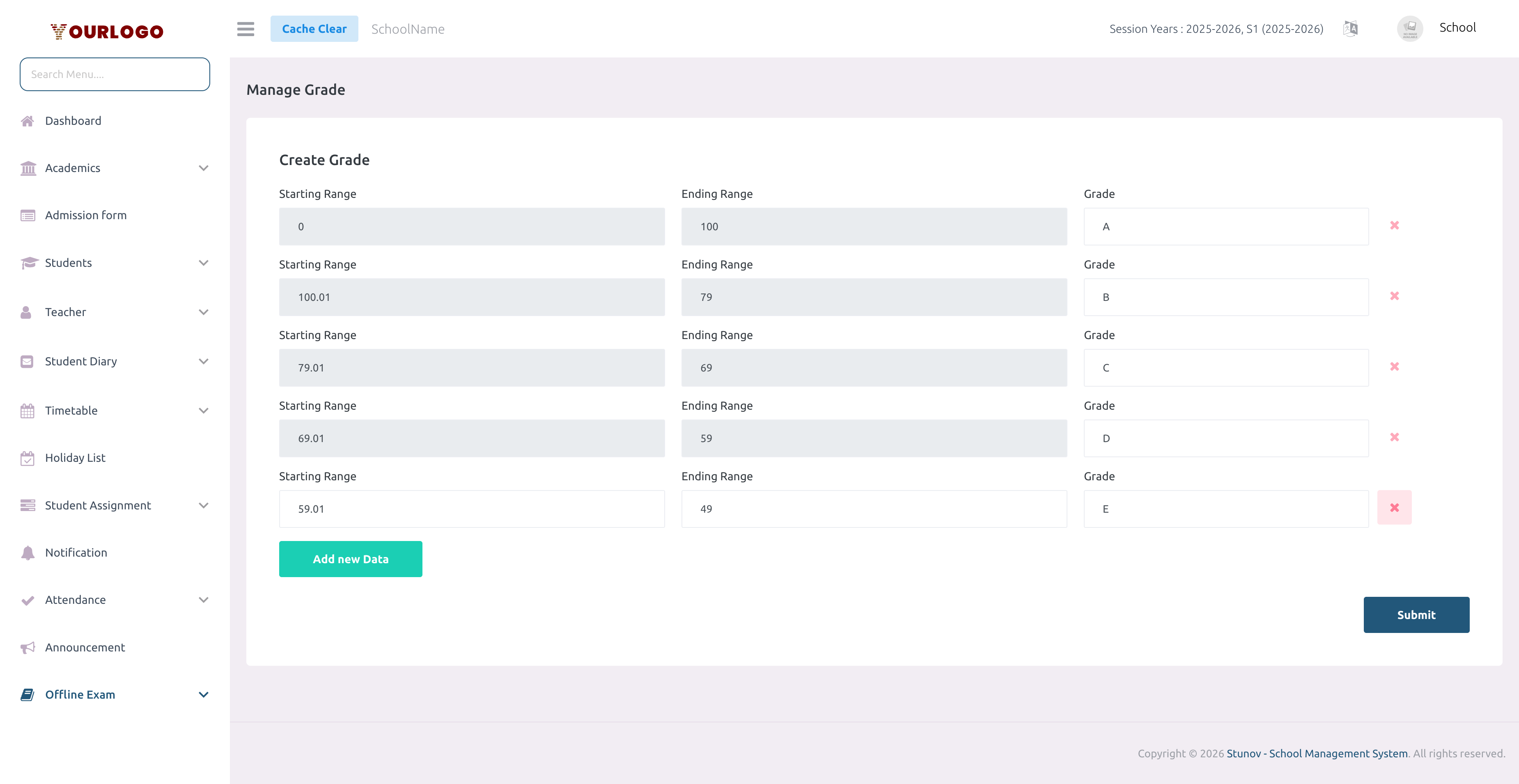 Exam Grade page with grade range configuration form