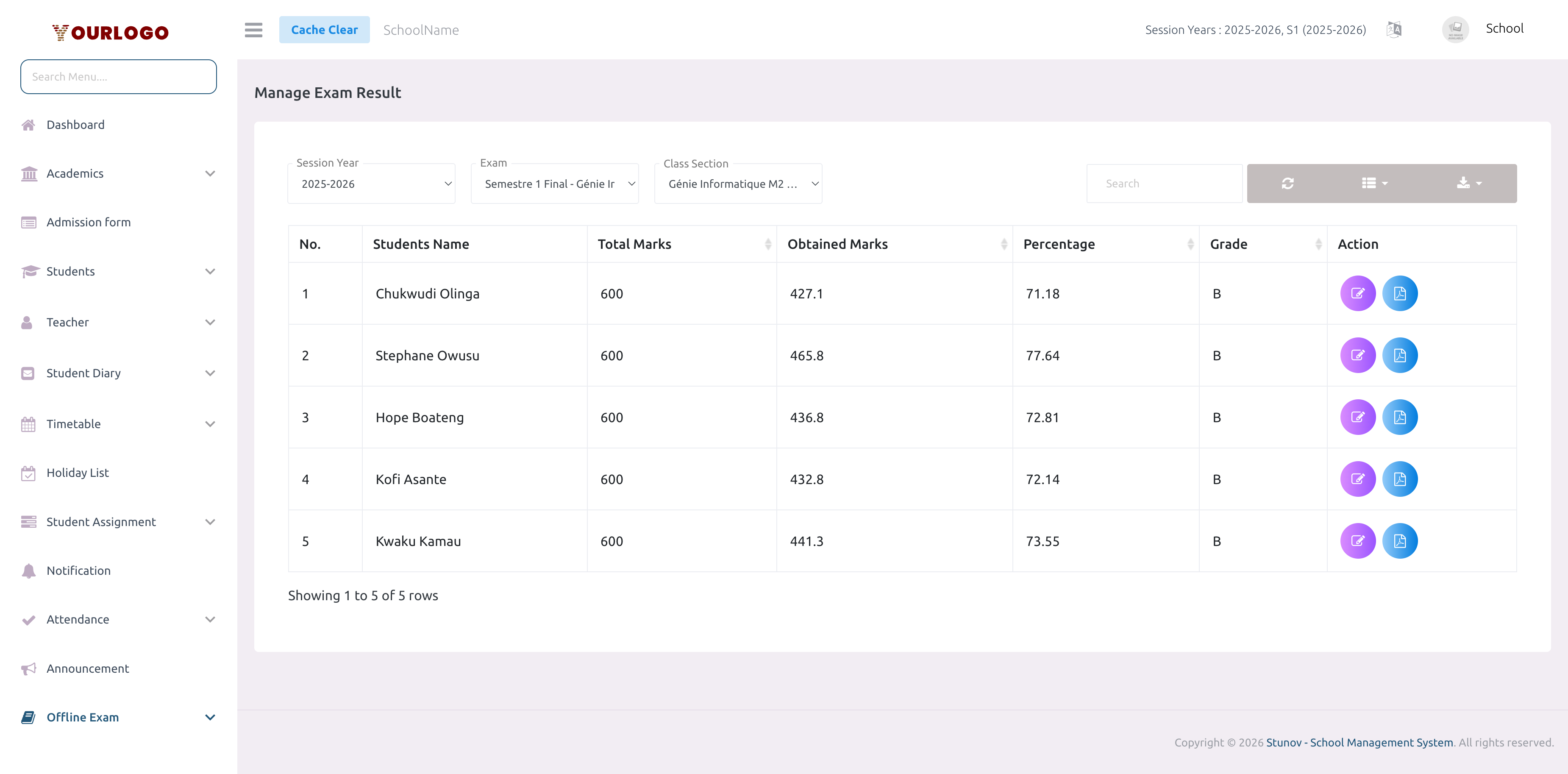 Exam Result page with student results table showing marks, percentages, and grades
