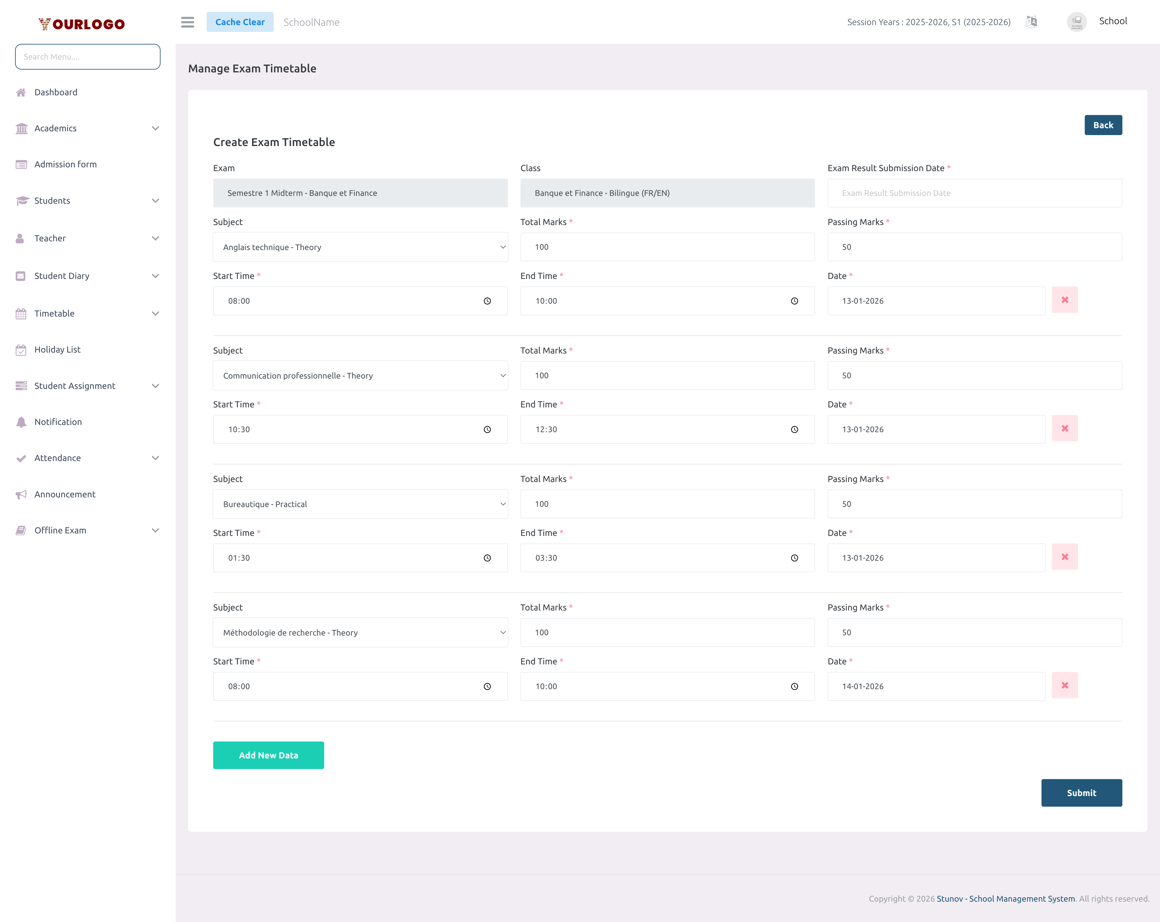 Timetable edit form showing subject fields with dates, times, and marks