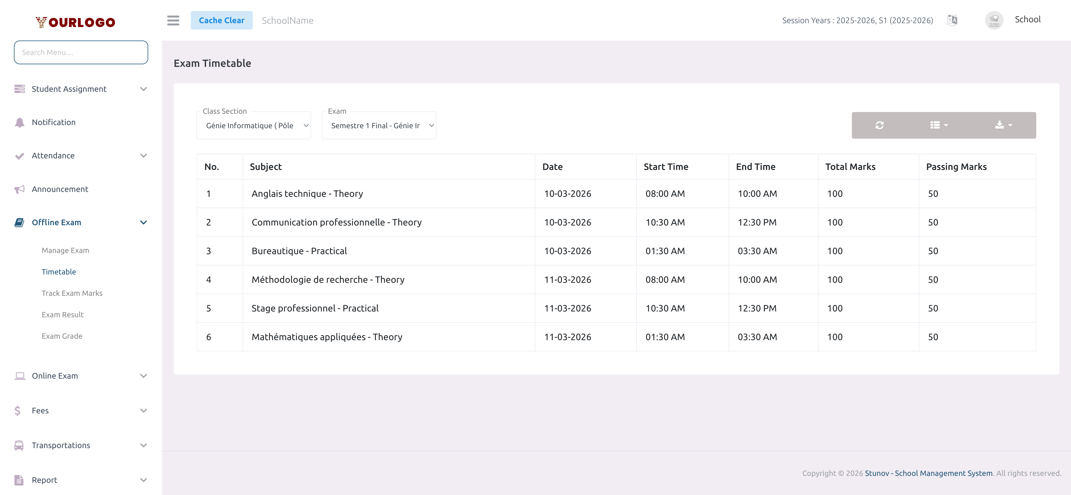 Exam timetable view page with class section and exam filters