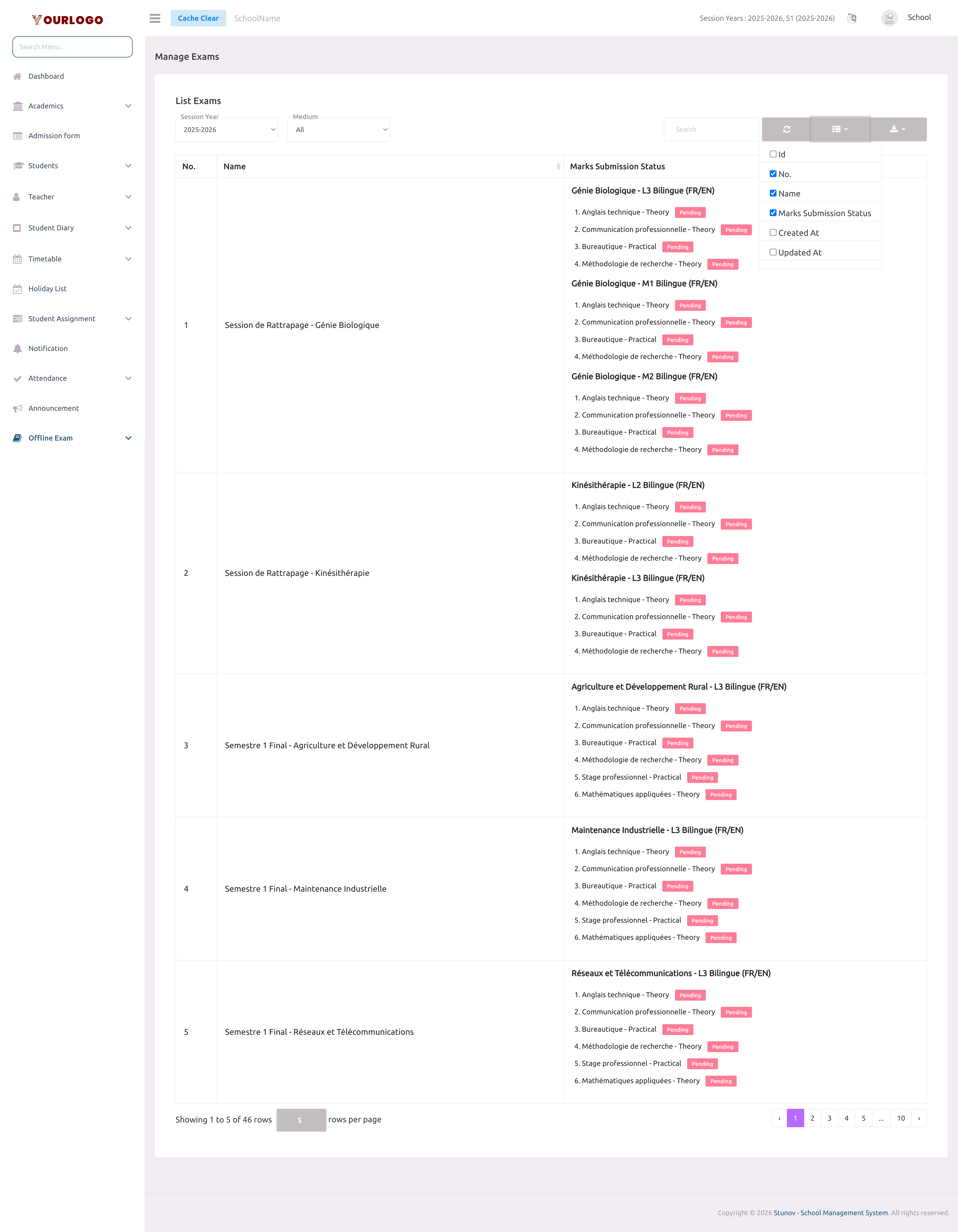 Track Exam Marks page showing submission status per exam and class section