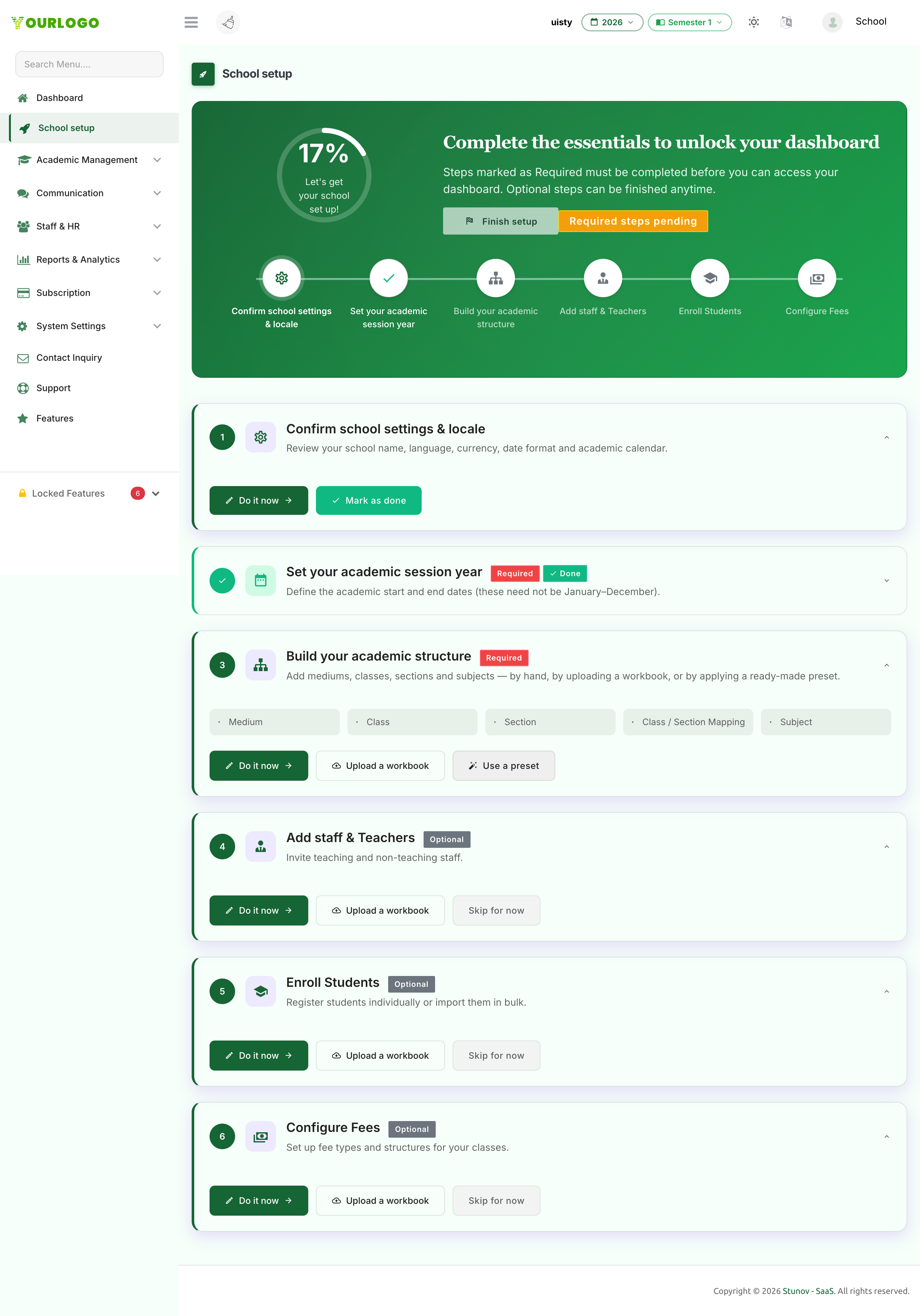 School setup wizard showing progress percentage, a disabled Finish setup button, and the six step cards with Required/Optional badges and the academic structure checklist