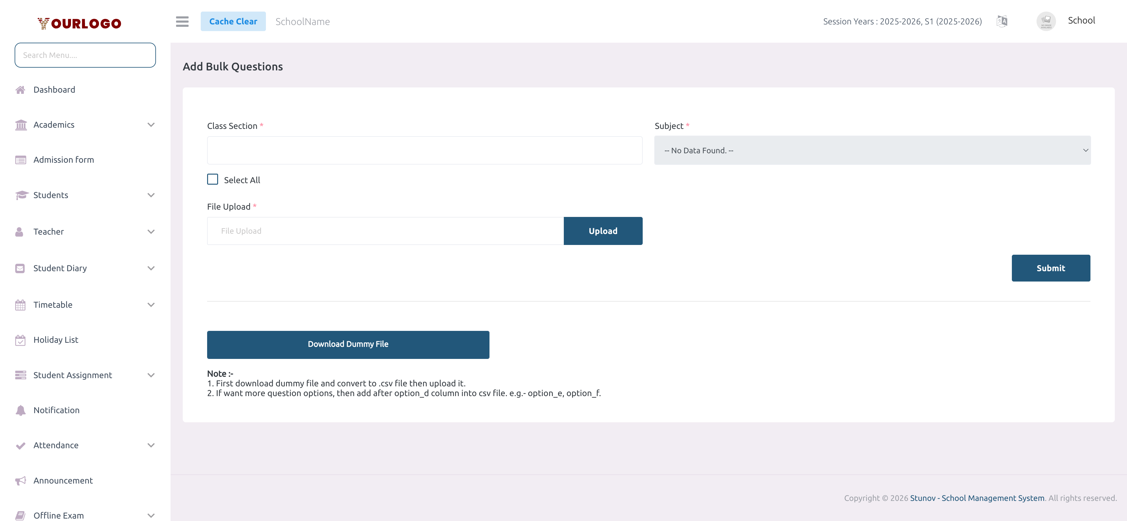 Add Bulk Questions page with class section selector, subject dropdown, and file upload