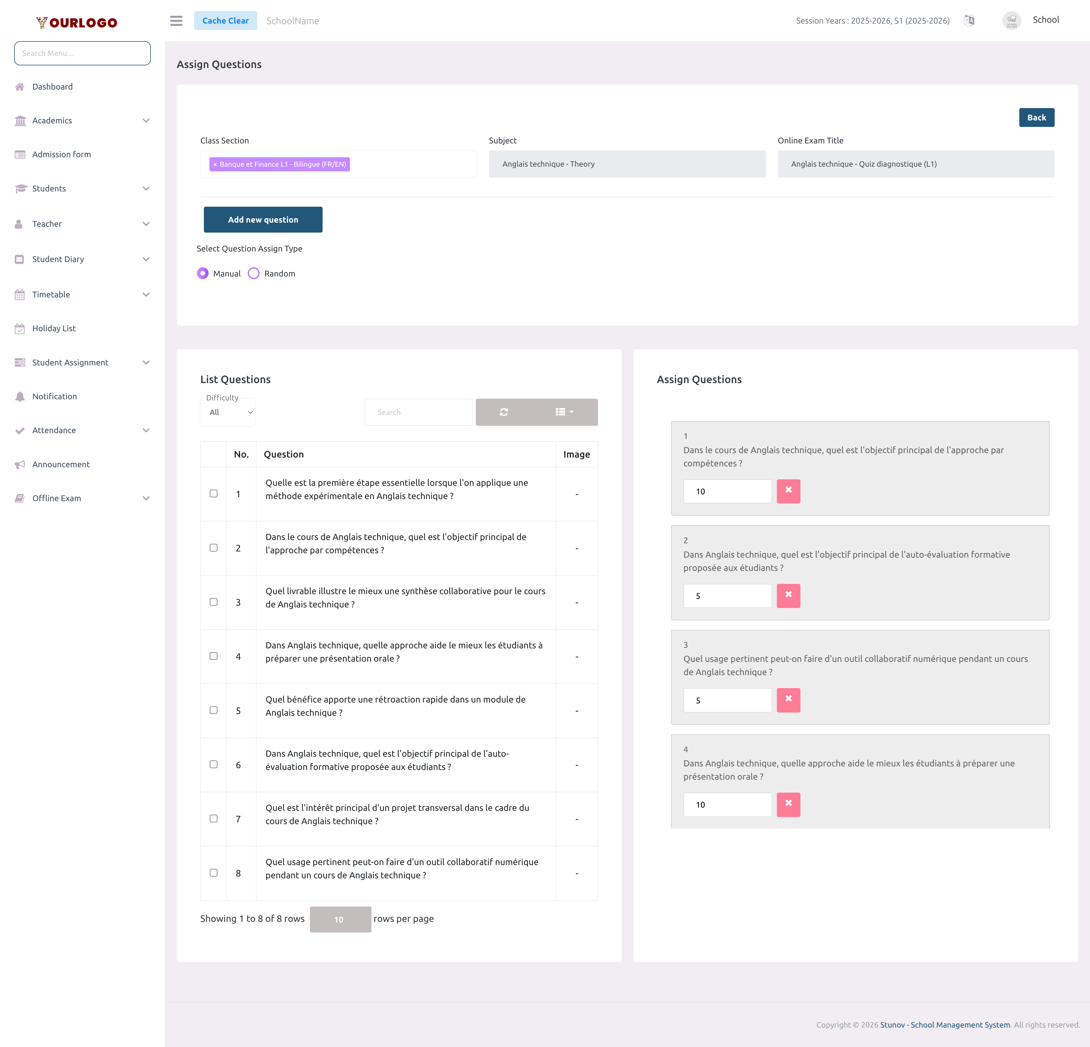 Assign questions page showing manual and random assignment options