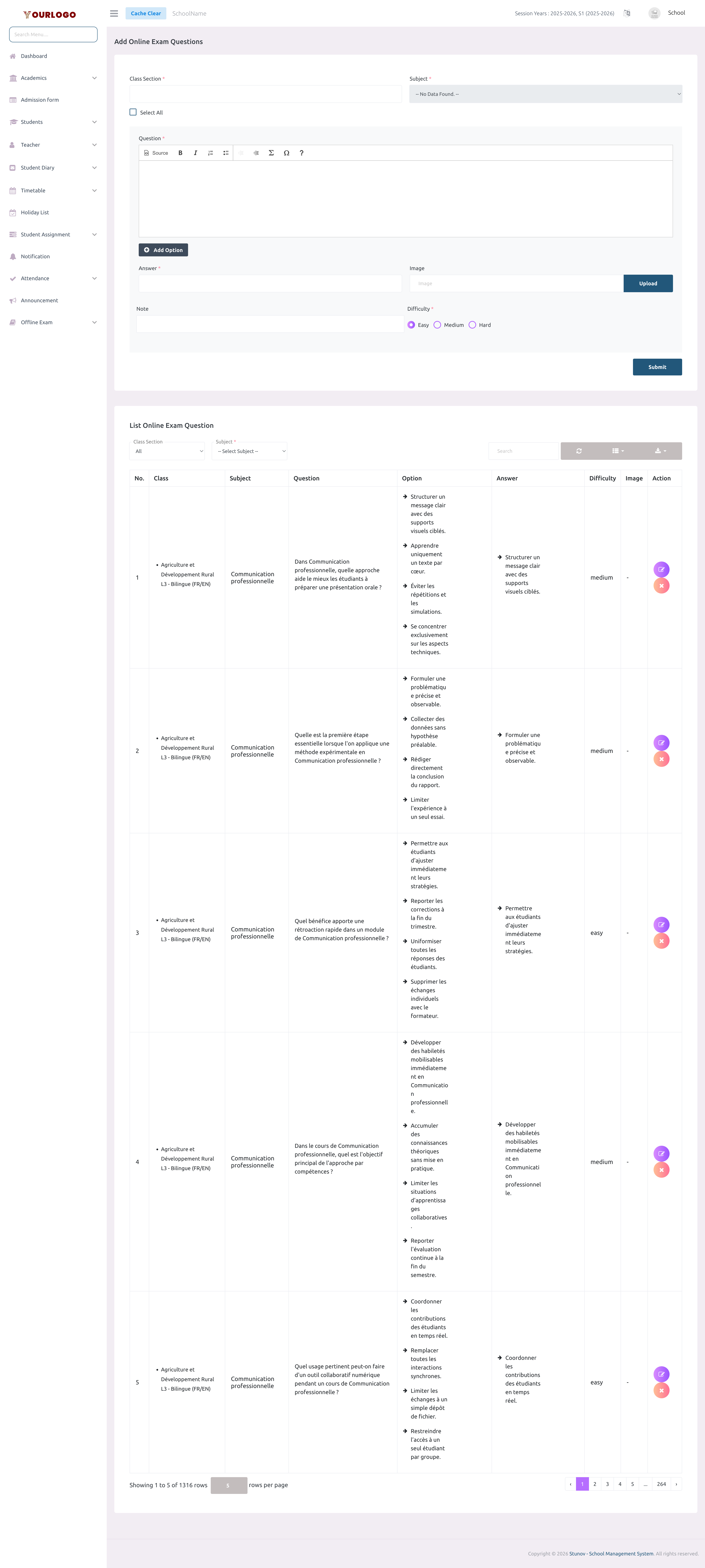 Manage Questions page showing the create form and question list