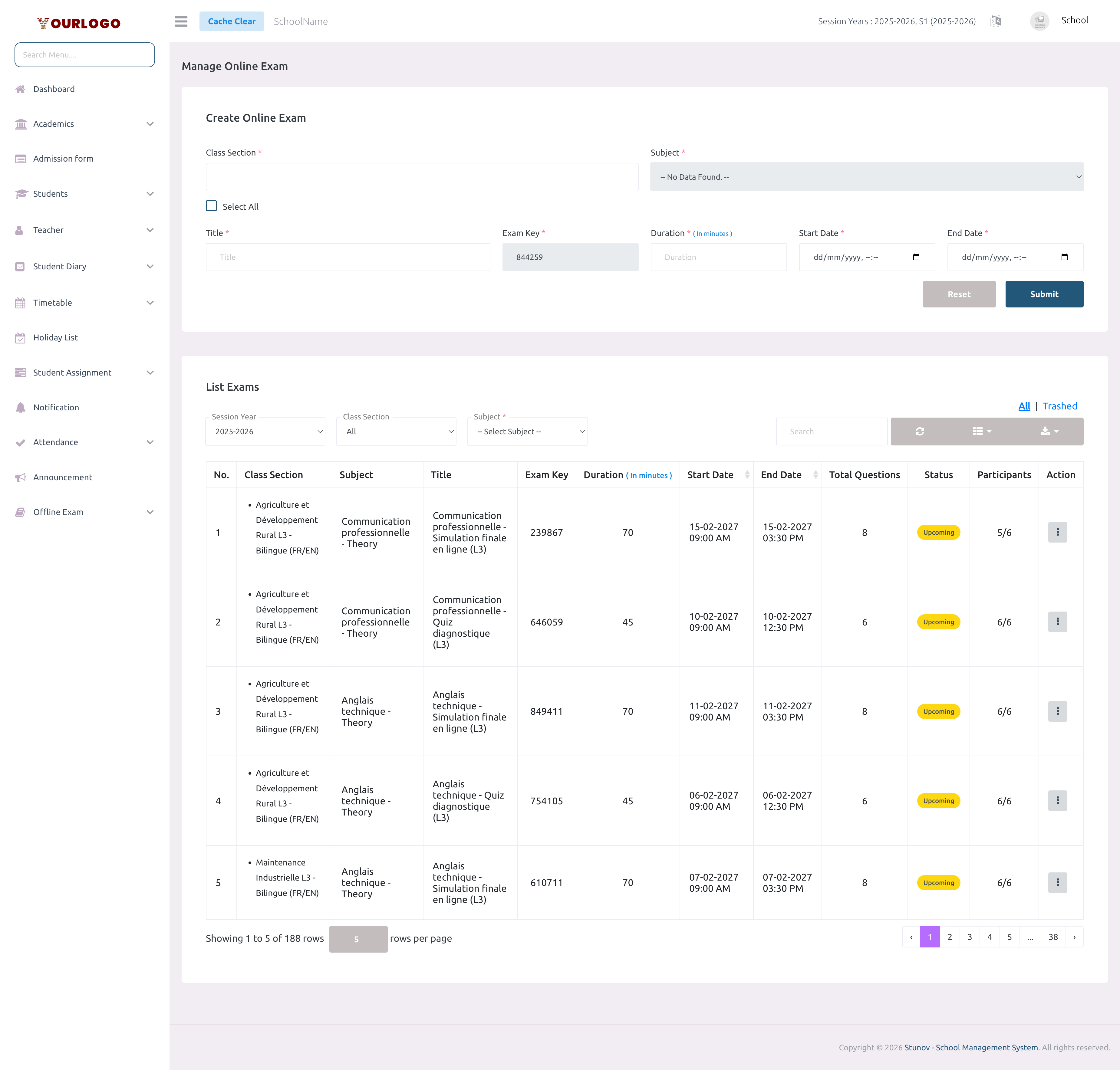 Online exam management page showing the create form and list of exams