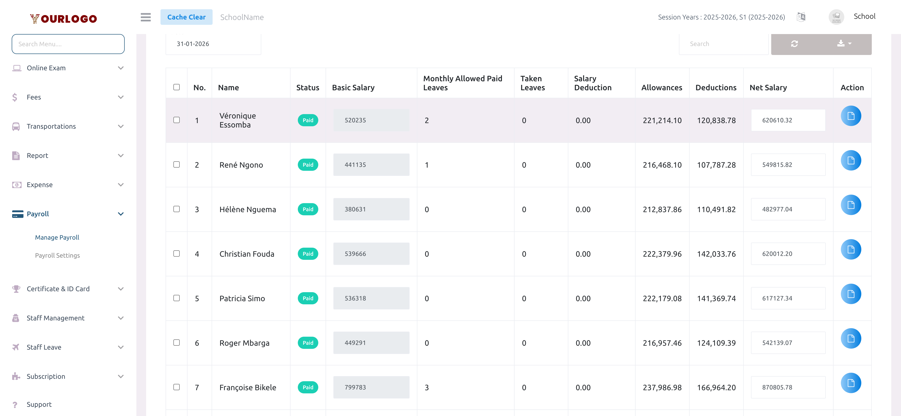 Payroll list showing staff salary breakdown with allowances, deductions, and net salary