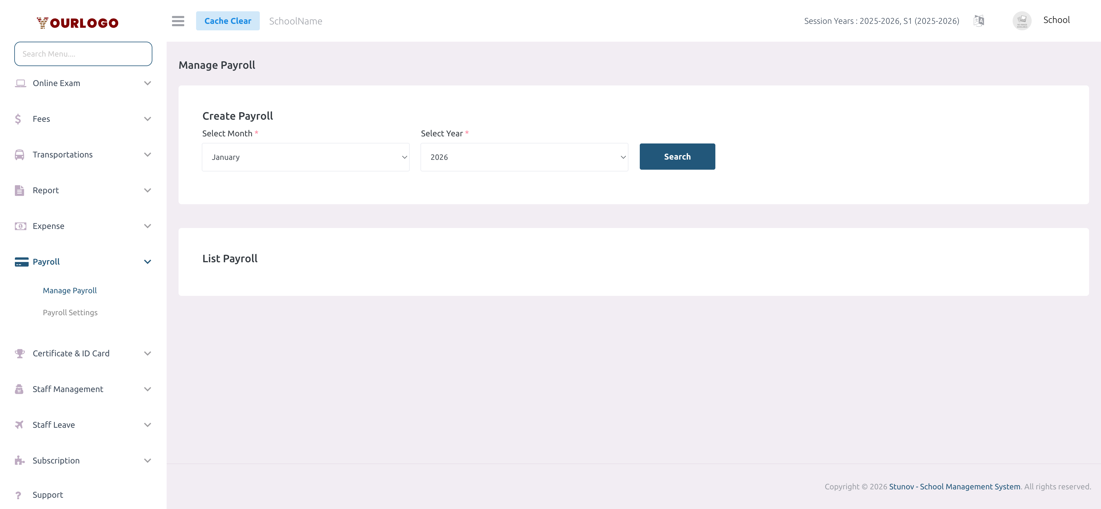 Manage Payroll page with month and year selection form