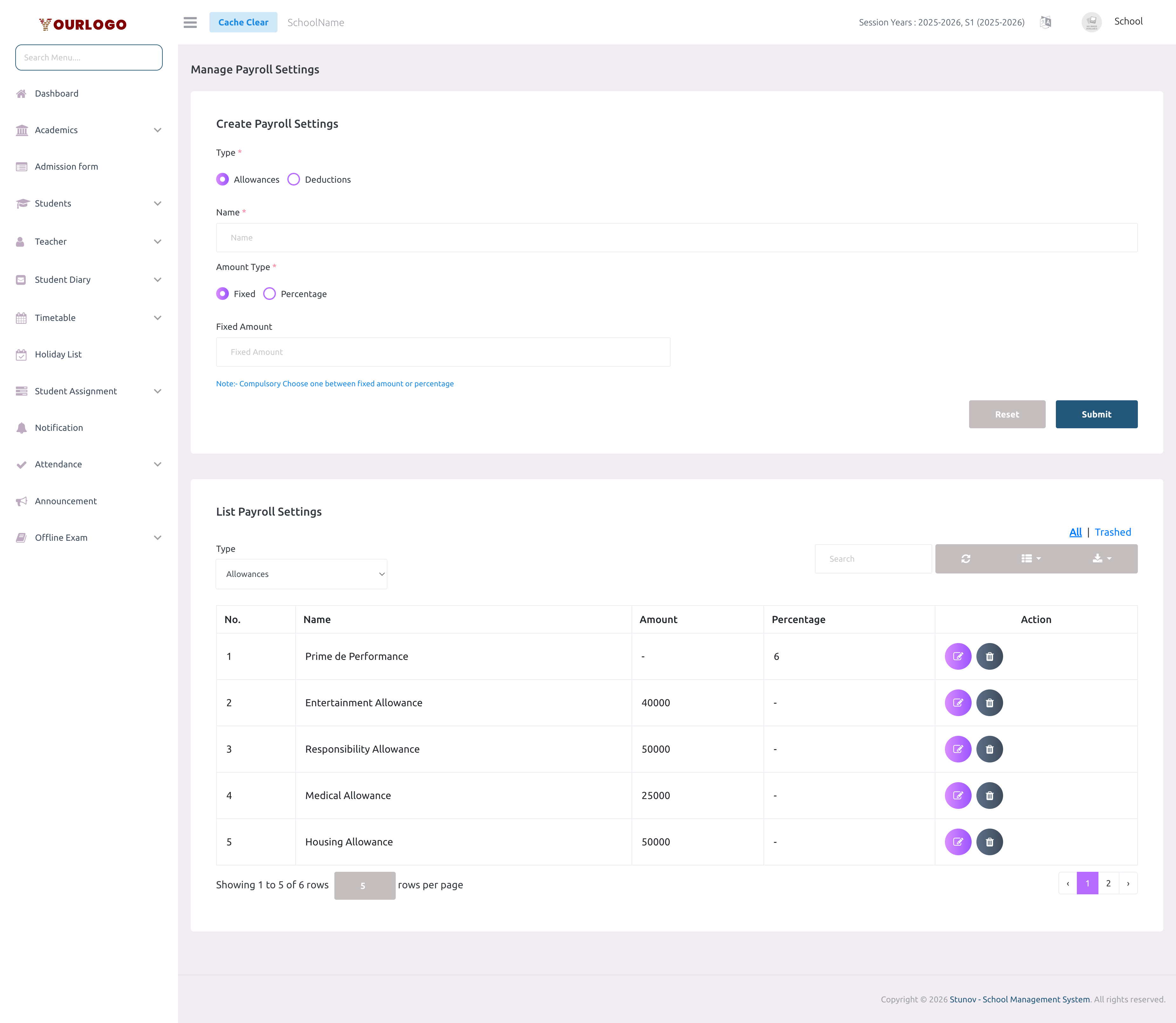 Payroll Settings page showing the create form and allowance list