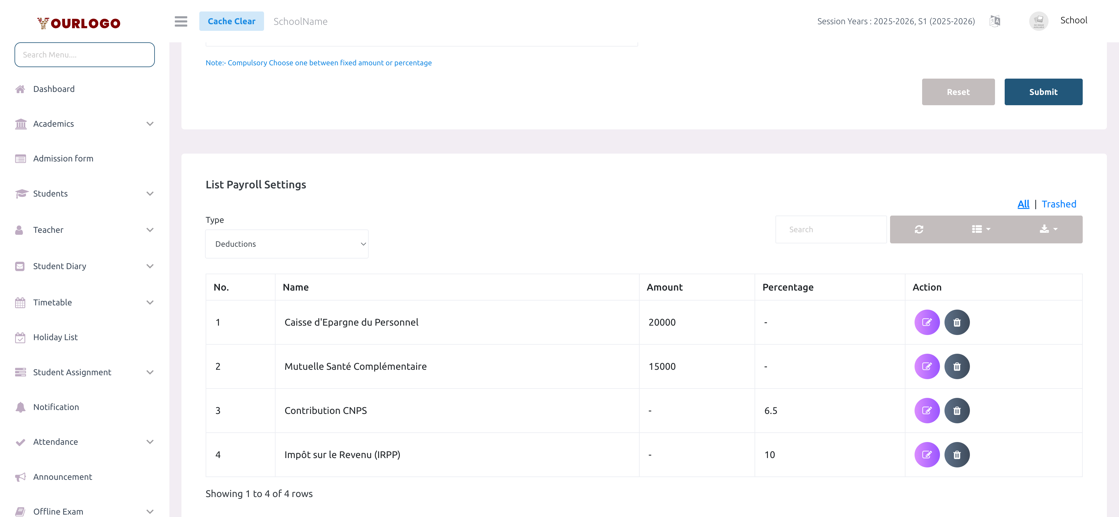 List of payroll deductions including taxes and contributions