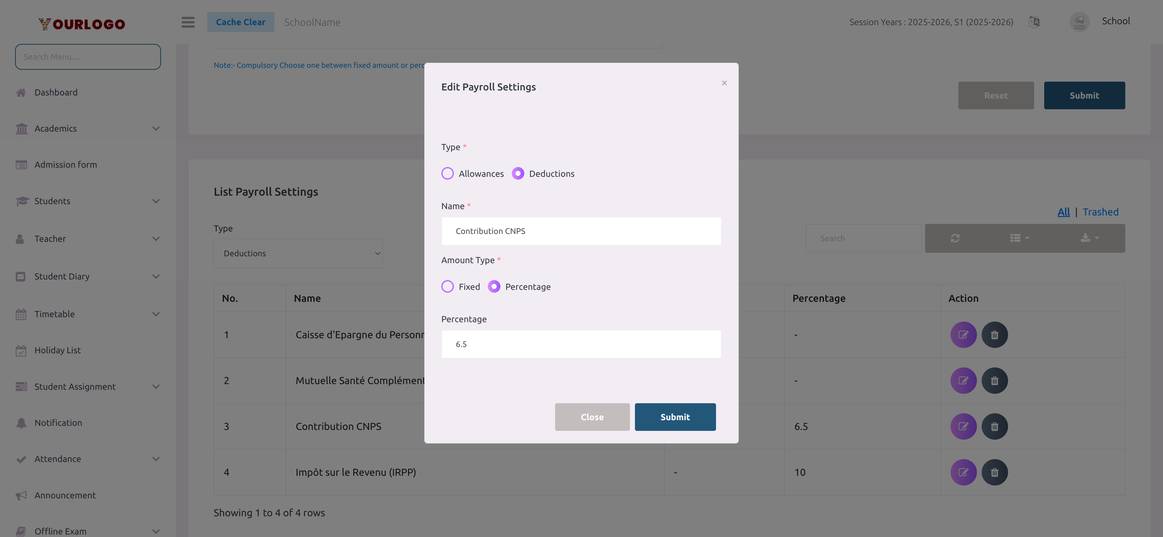 Edit modal for payroll setting with pre-filled values