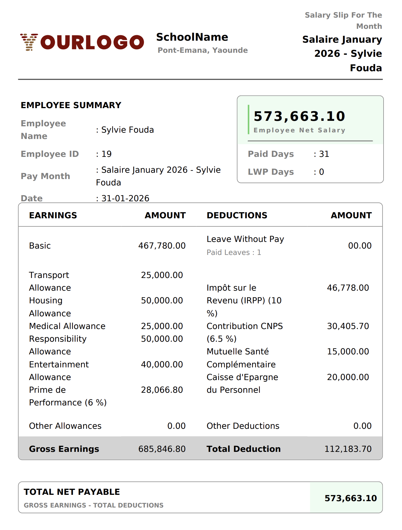 Payslip PDF showing employee summary, earnings breakdown, and deductions