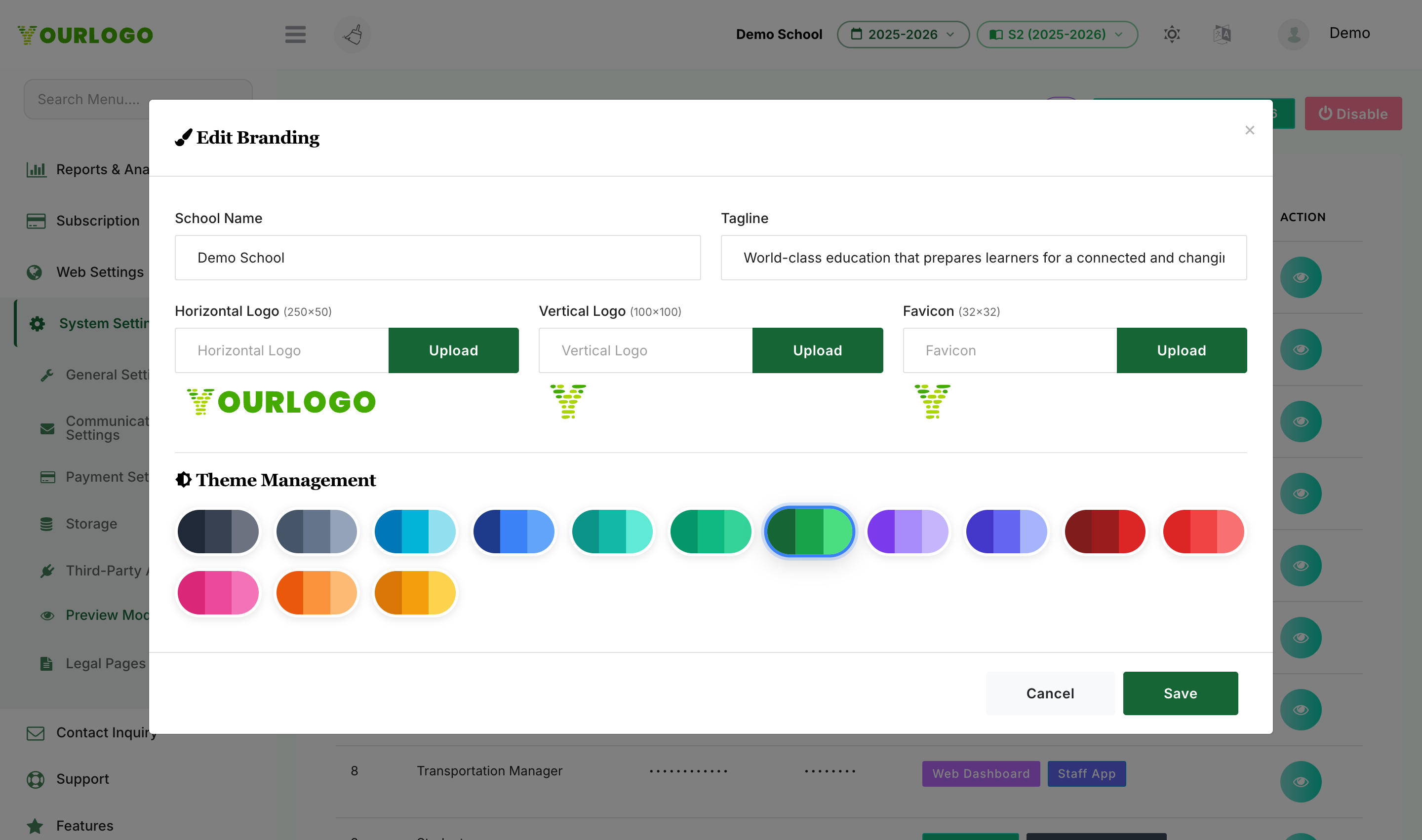 Edit Branding modal with School Name, Tagline, Horizontal Logo, Vertical Logo, Favicon uploads and a Theme Management colour palette