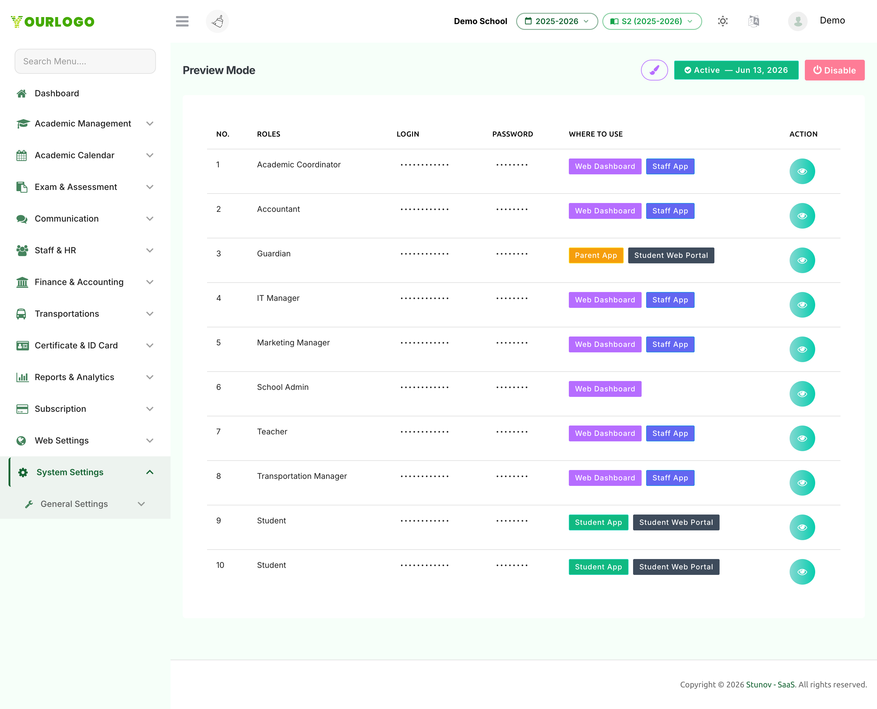 Preview Mode settings page showing Active status, Disable button, Edit Branding, and a table of demo credentials per role