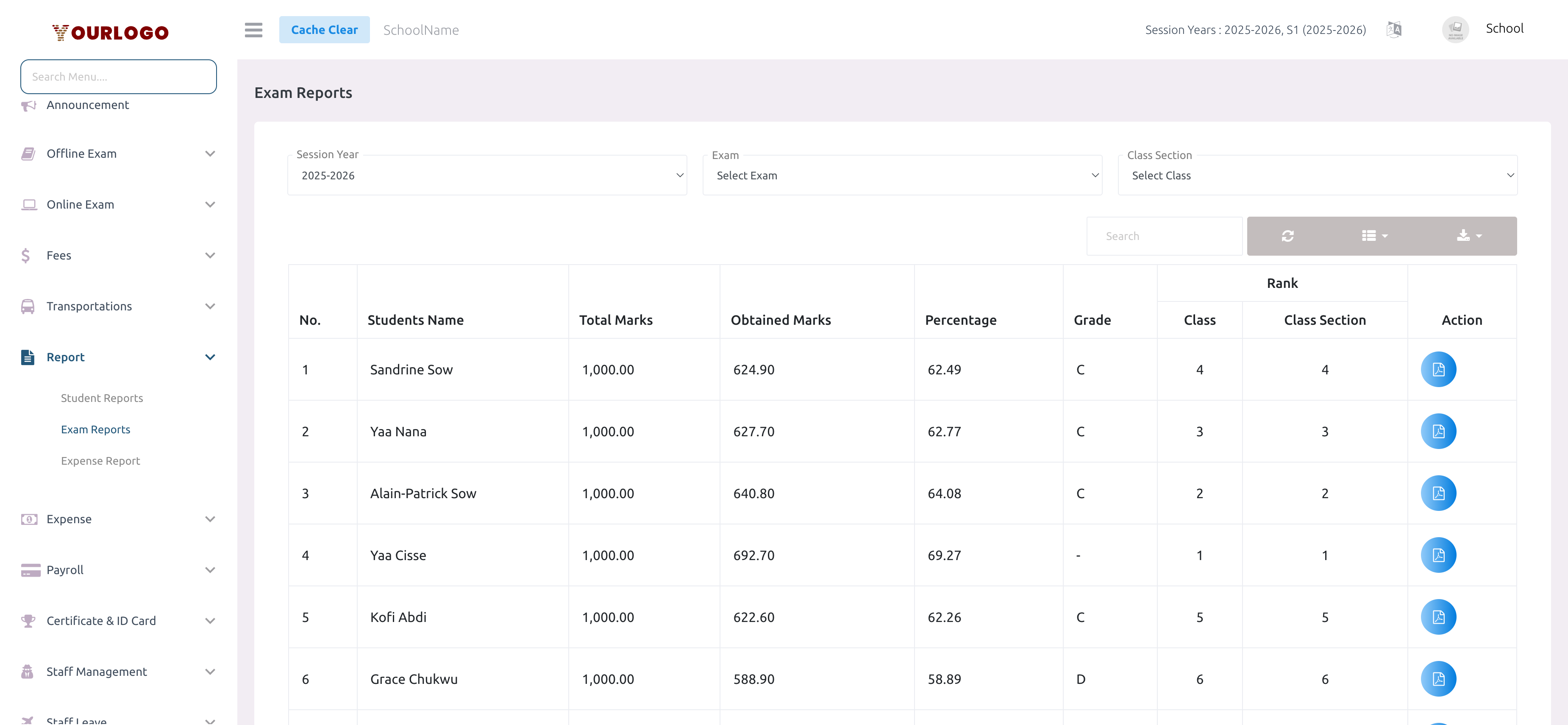 Exam reports page with session year, exam, and class section filters