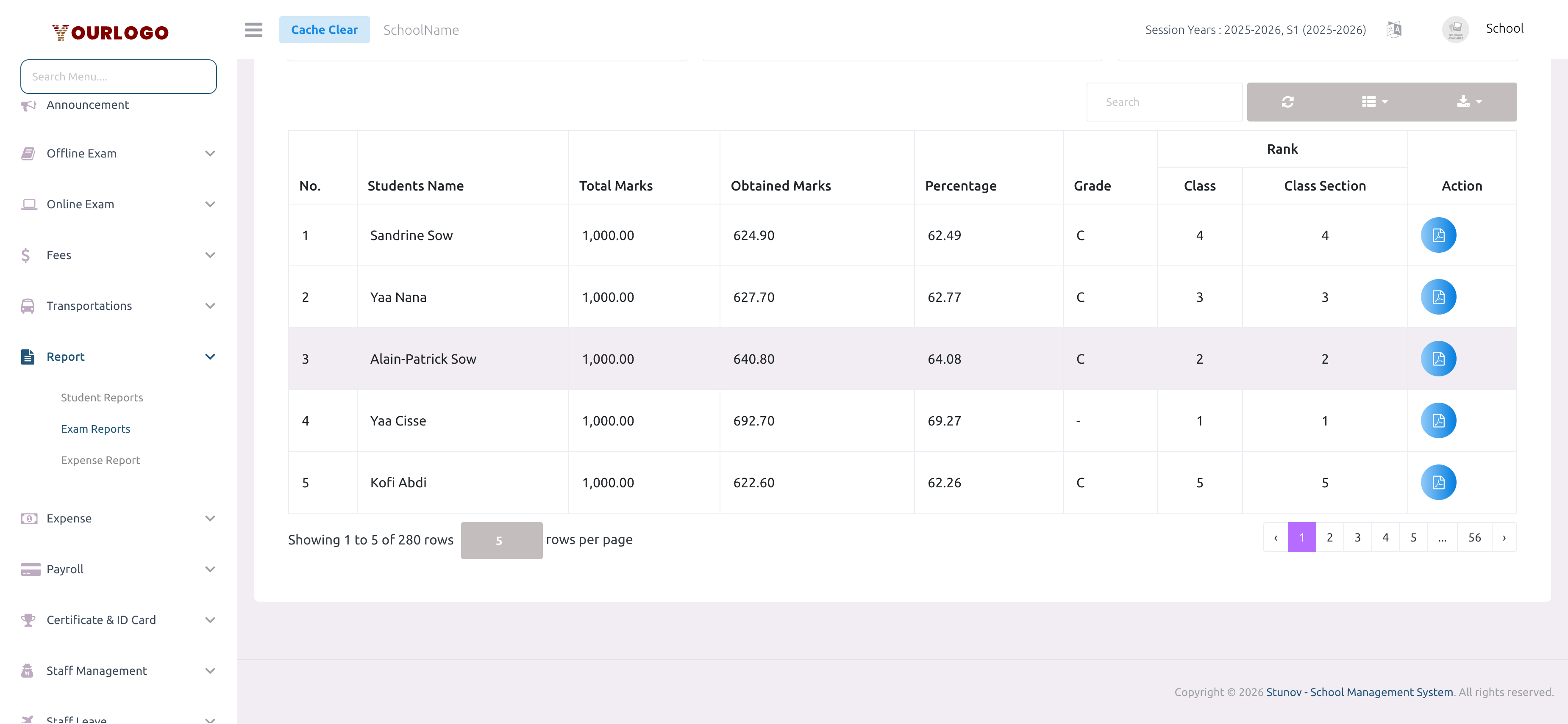 Exam reports rank-wise results tab showing student rankings with grades