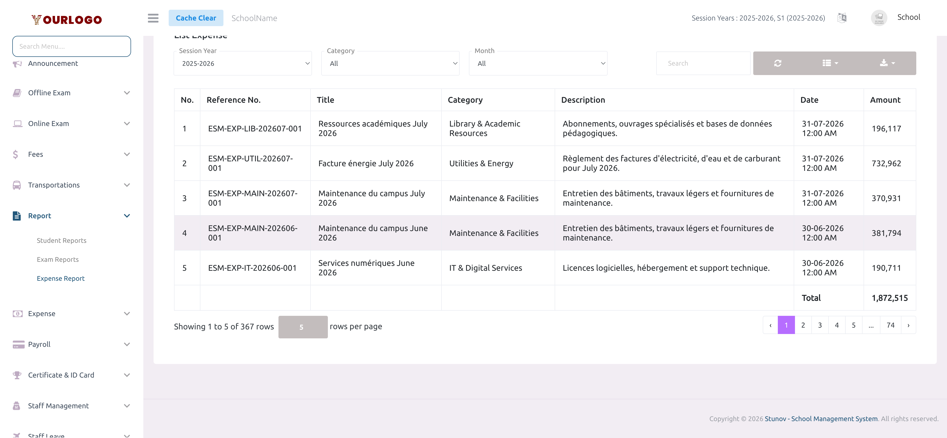 Expense report page showing filtered expense list with category, month, and session year filters