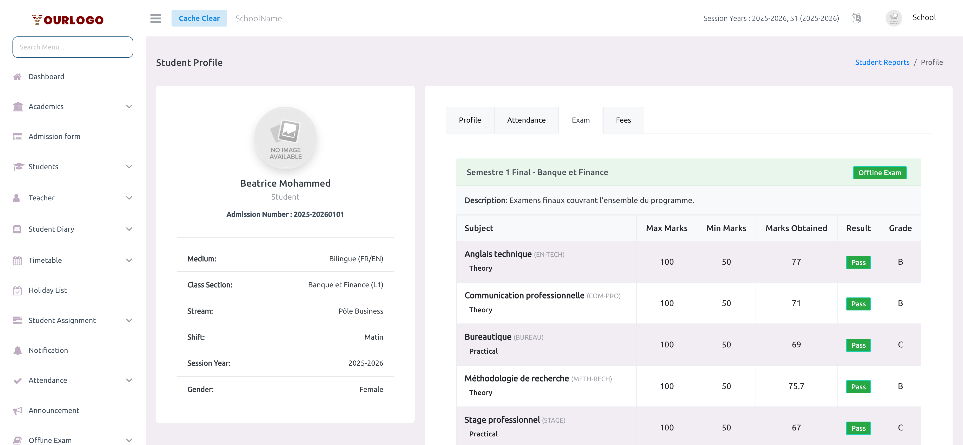 Student exam report tab showing offline and online exam results