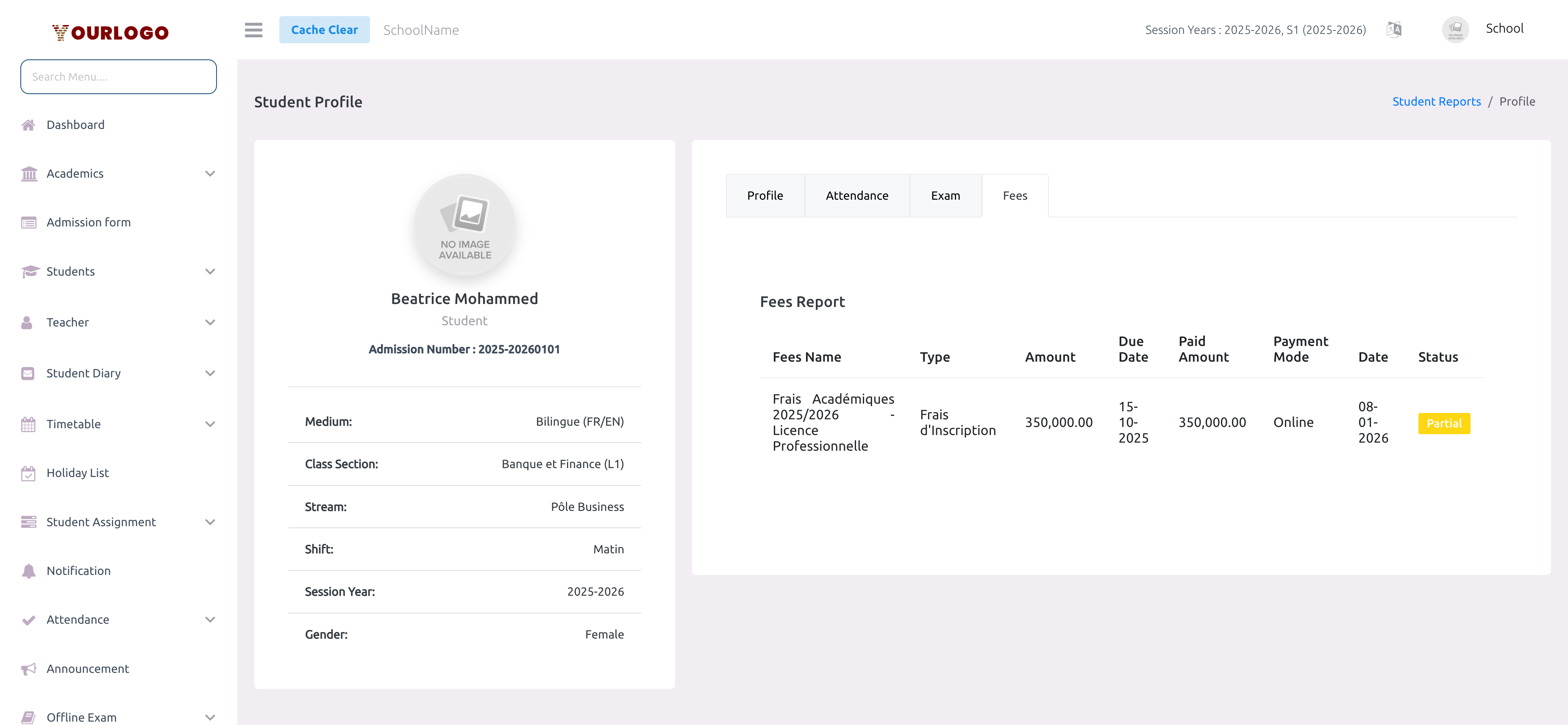 Student fees report tab showing payment status