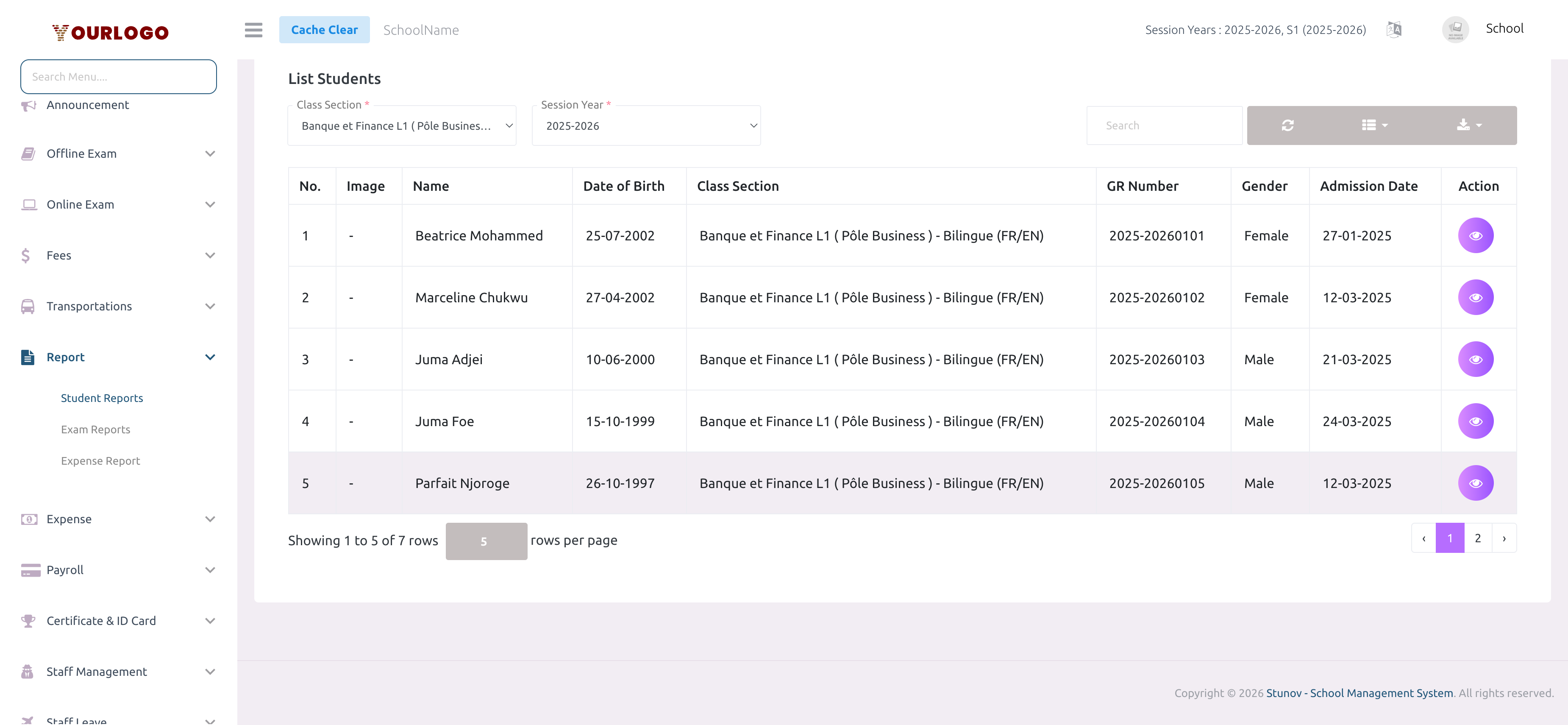 Student reports list page showing filtered students by class section