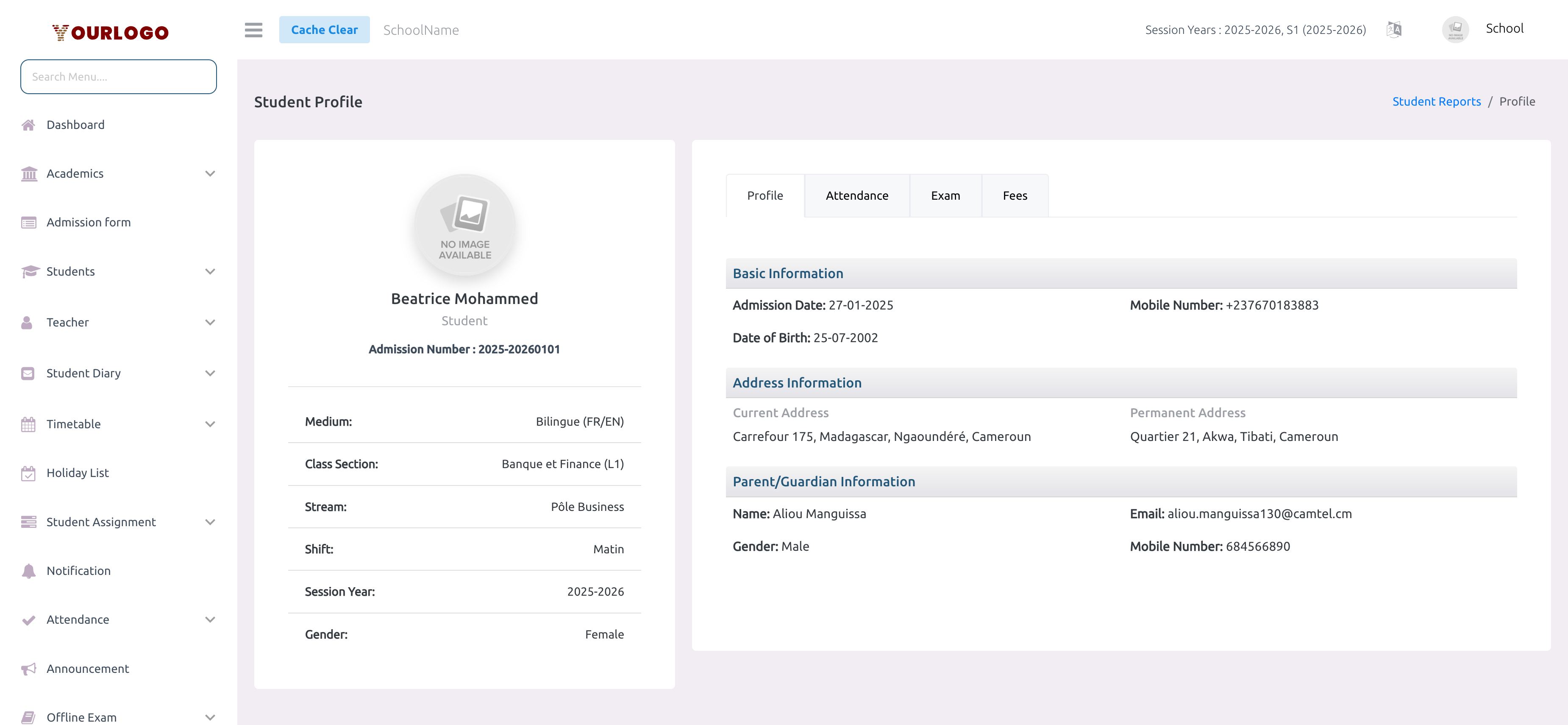 Student profile report showing basic information, address, and guardian details