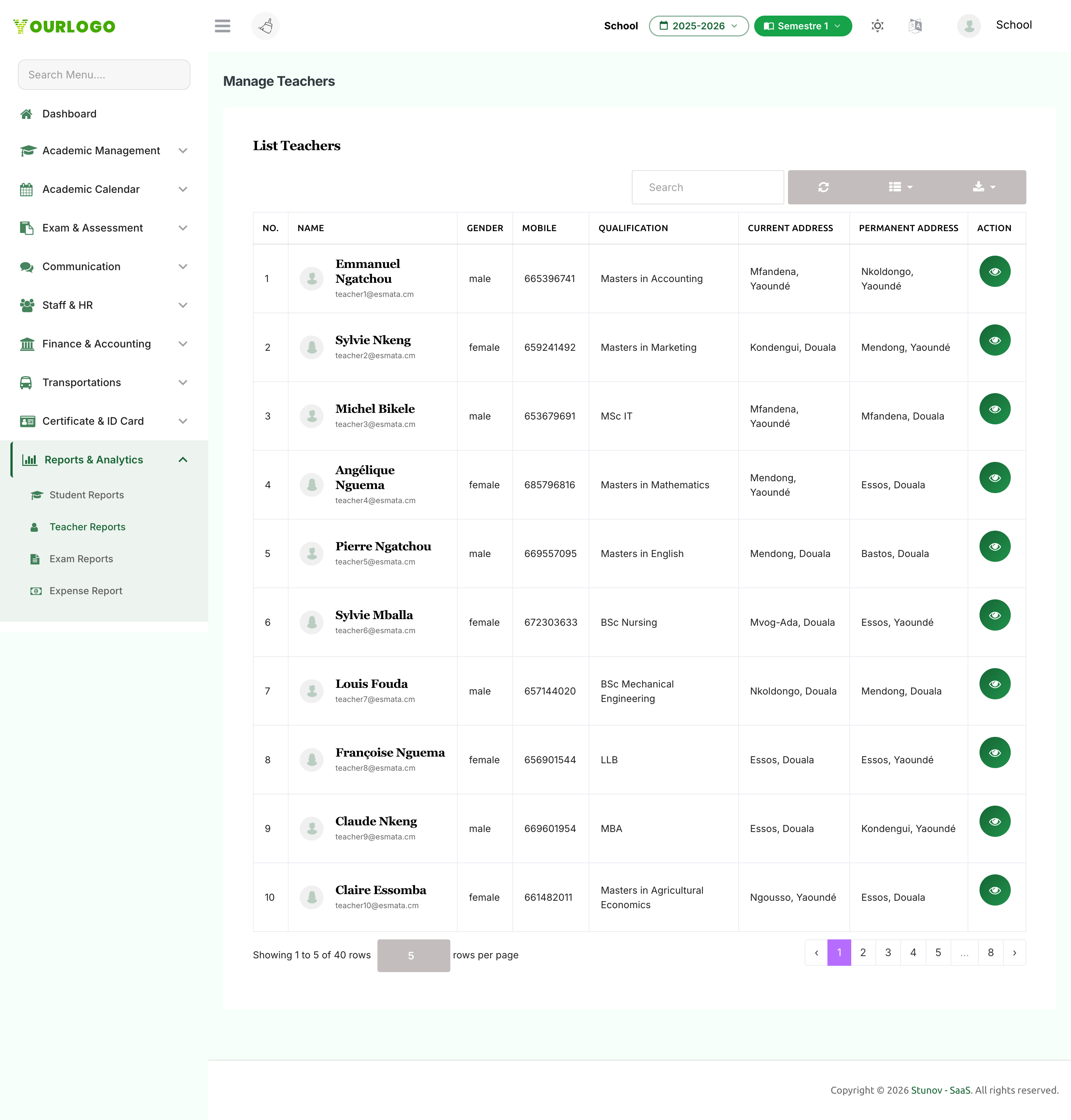 Teacher reports list with searchable, sortable columns and a view action