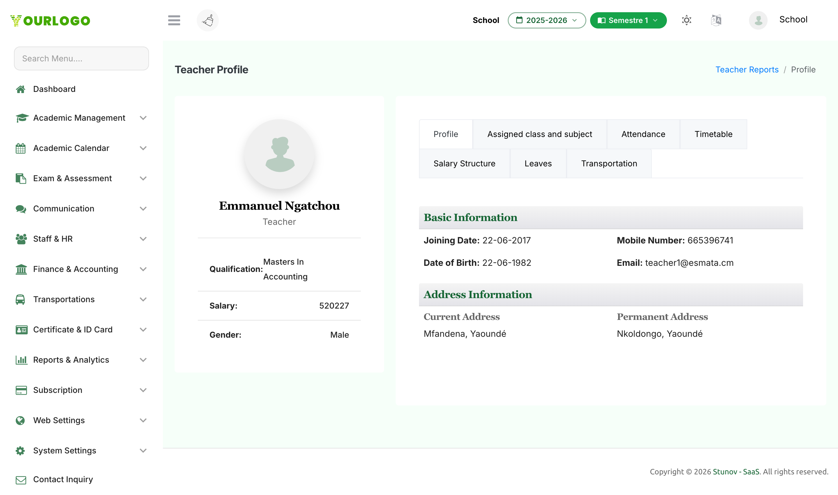 Individual teacher report with profile card and tabbed sections