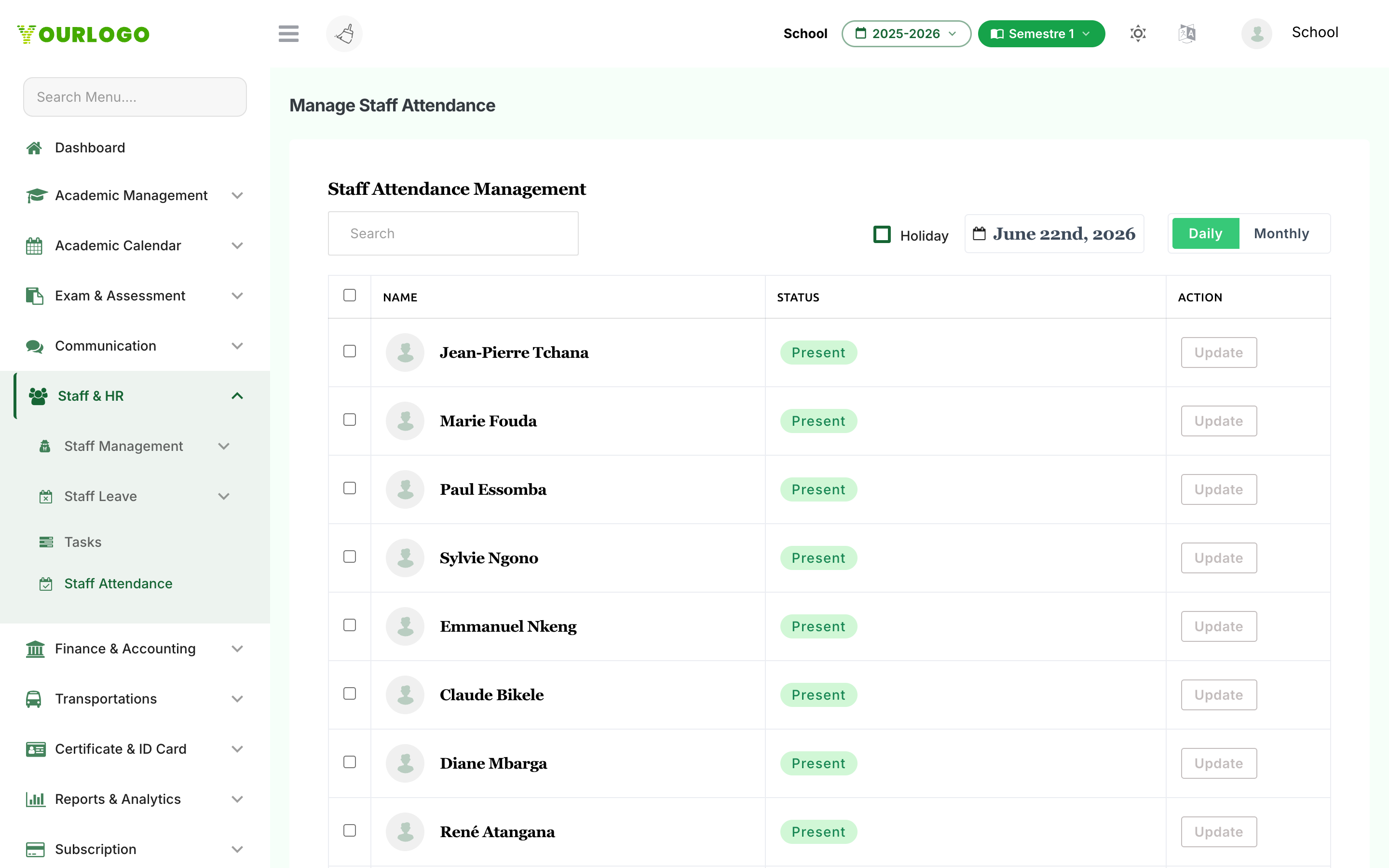 Daily staff attendance view with the Mark Attendance modal open