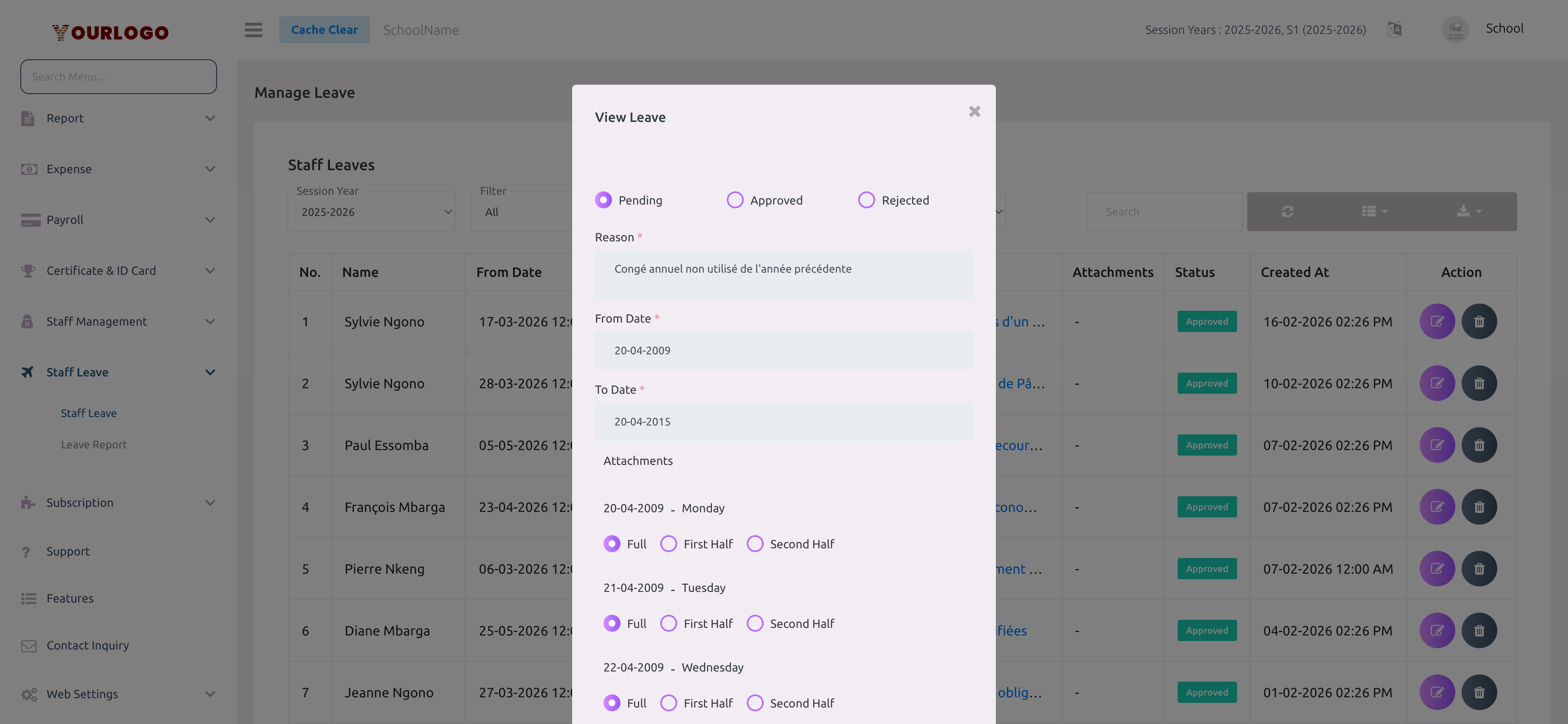 View Leave dialog showing status options, reason, dates, and day-by-day breakdown