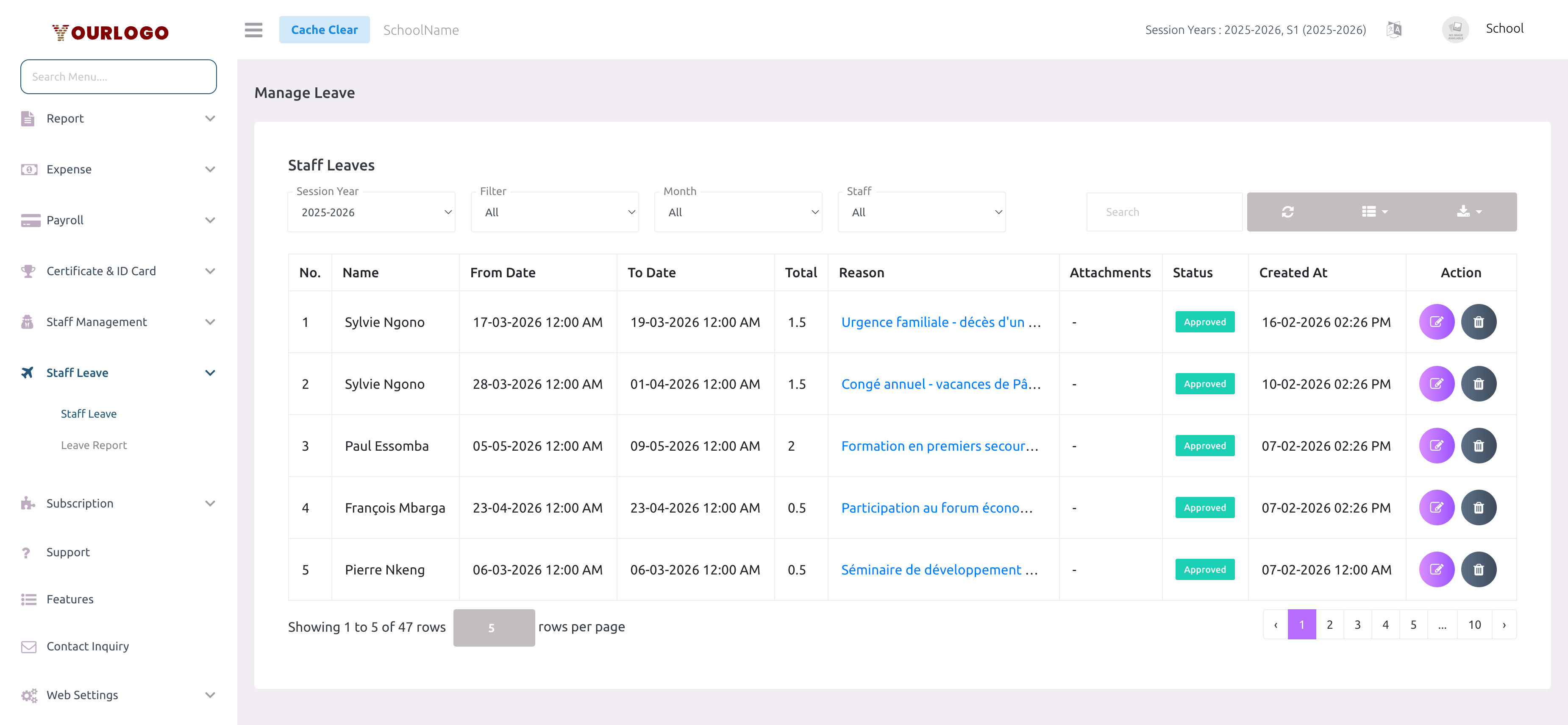 Staff leave request list with filters and status columns