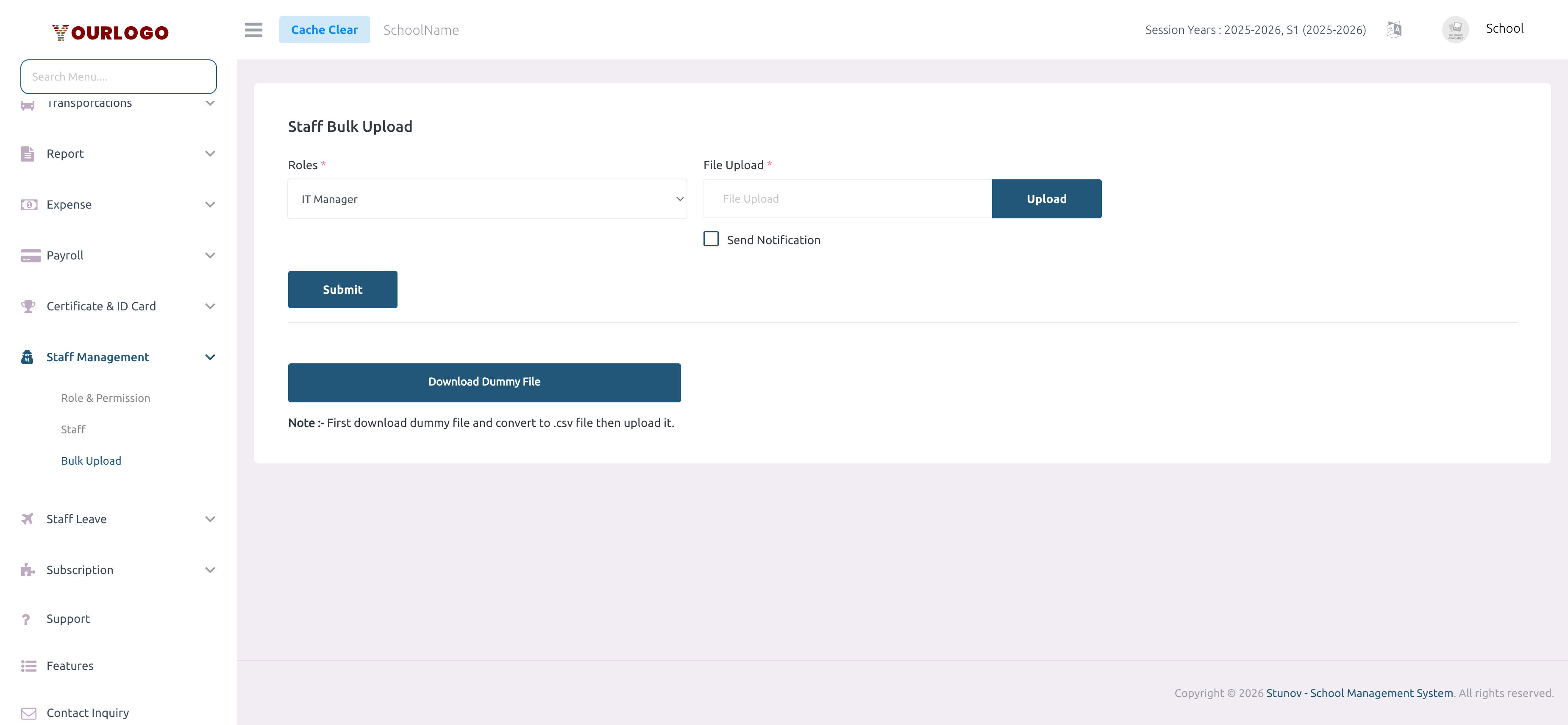 Staff bulk upload page with role selection, file upload area, and download sample button