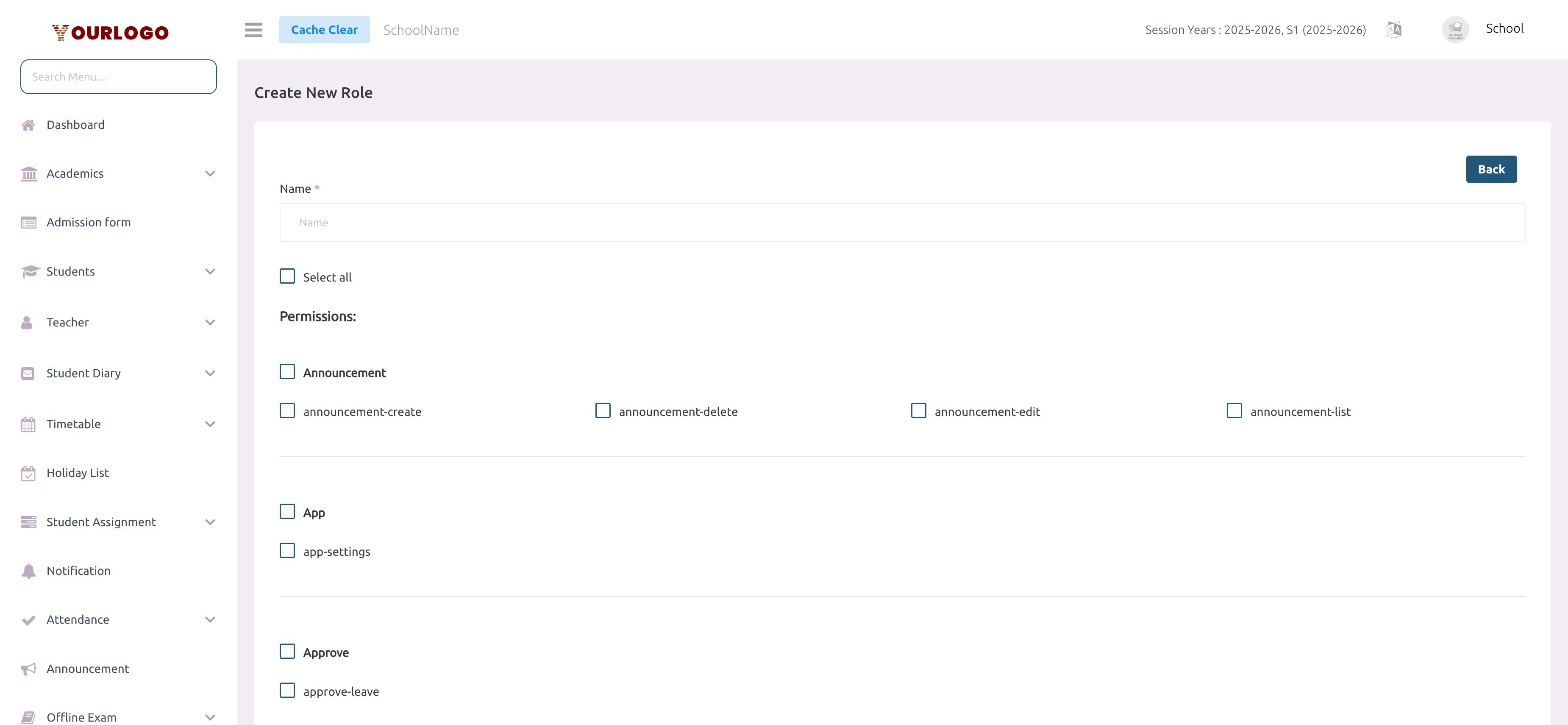 Create role page with name field and permission checkboxes