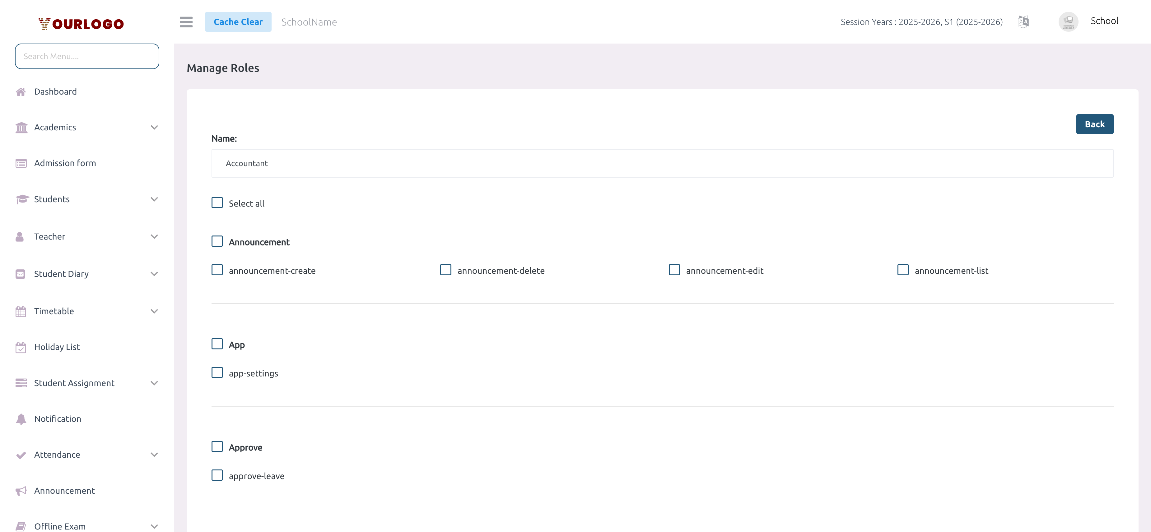 Edit role page with pre-filled name and checked permissions