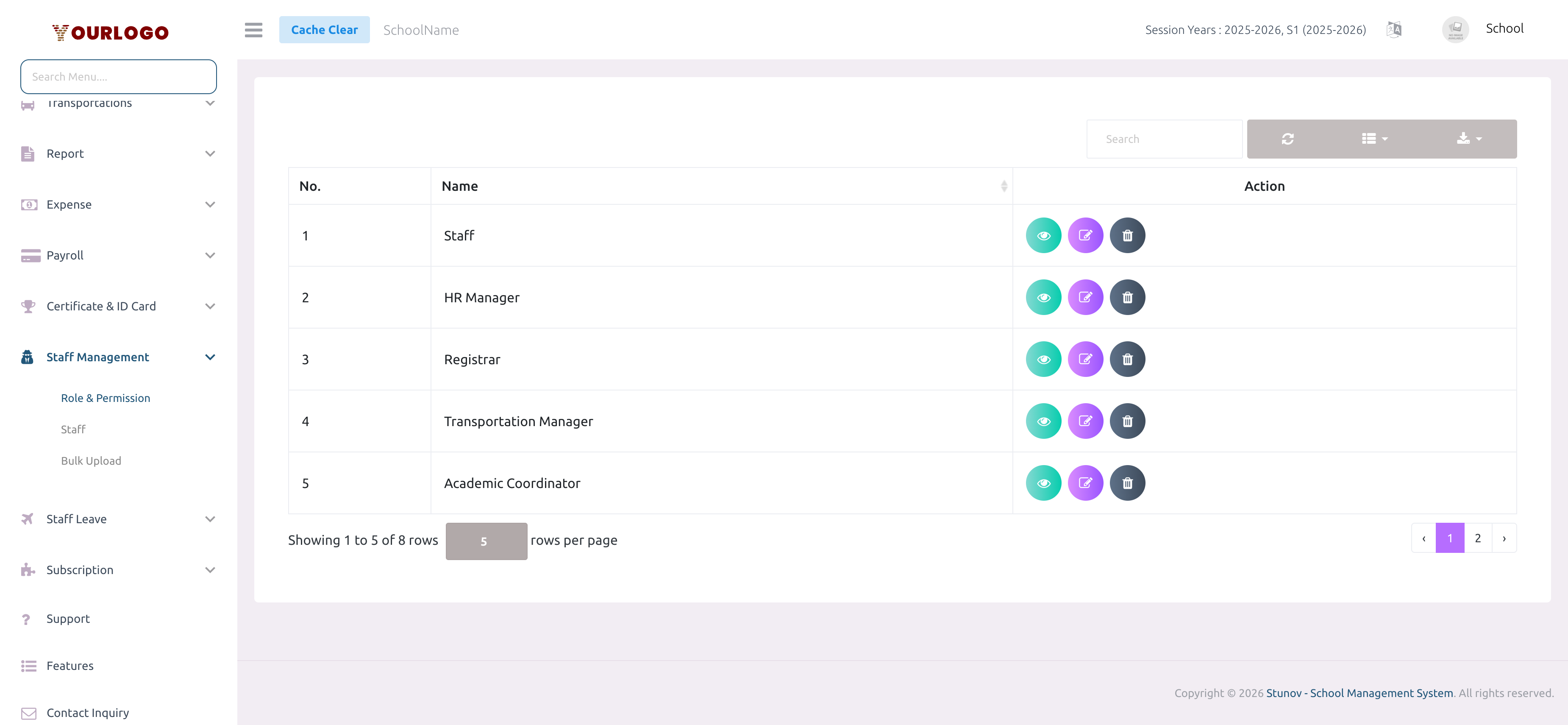 Role management page showing the list of custom roles