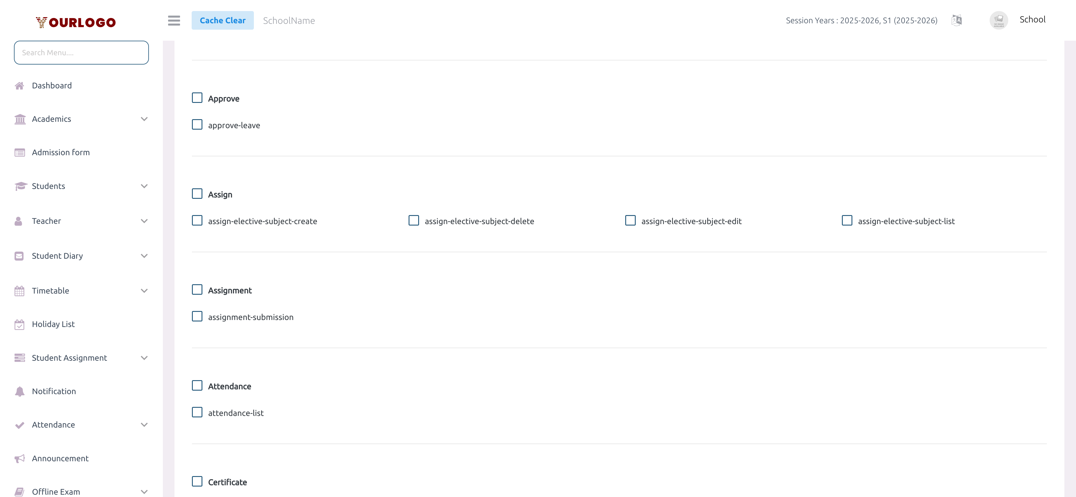 Permission matrix showing checkboxes organized by feature category