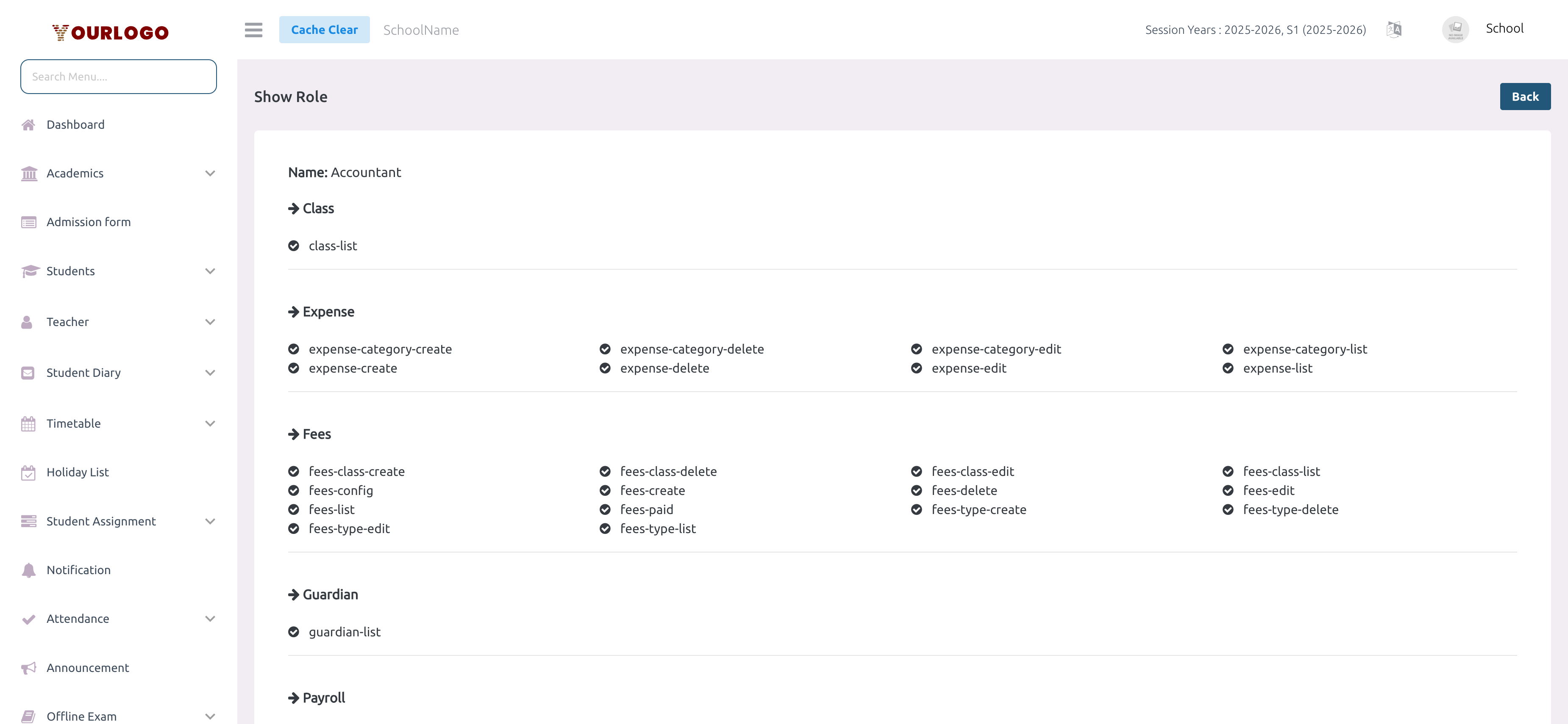 Role detail view showing all assigned permissions