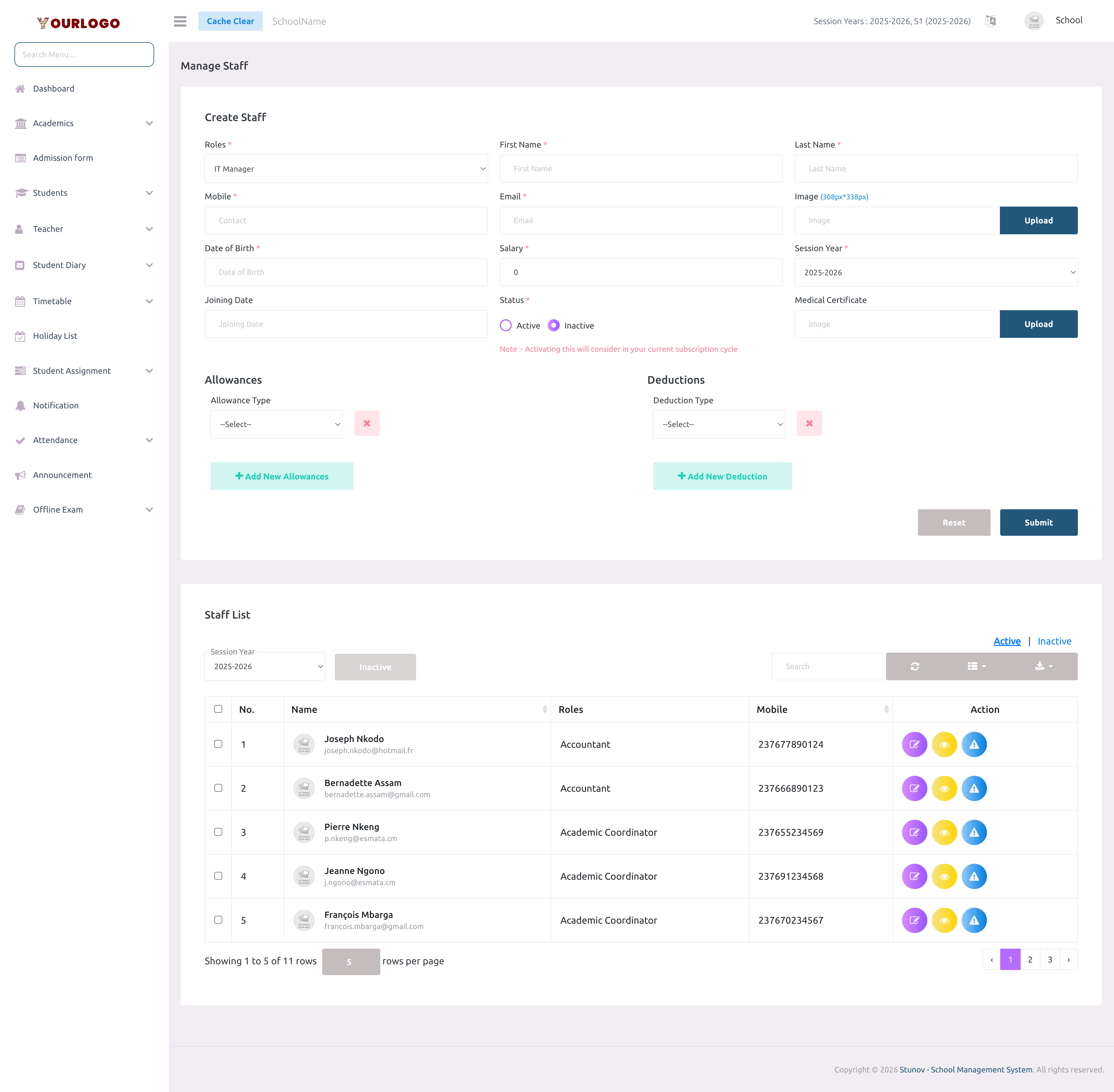 Staff page showing create form and staff list