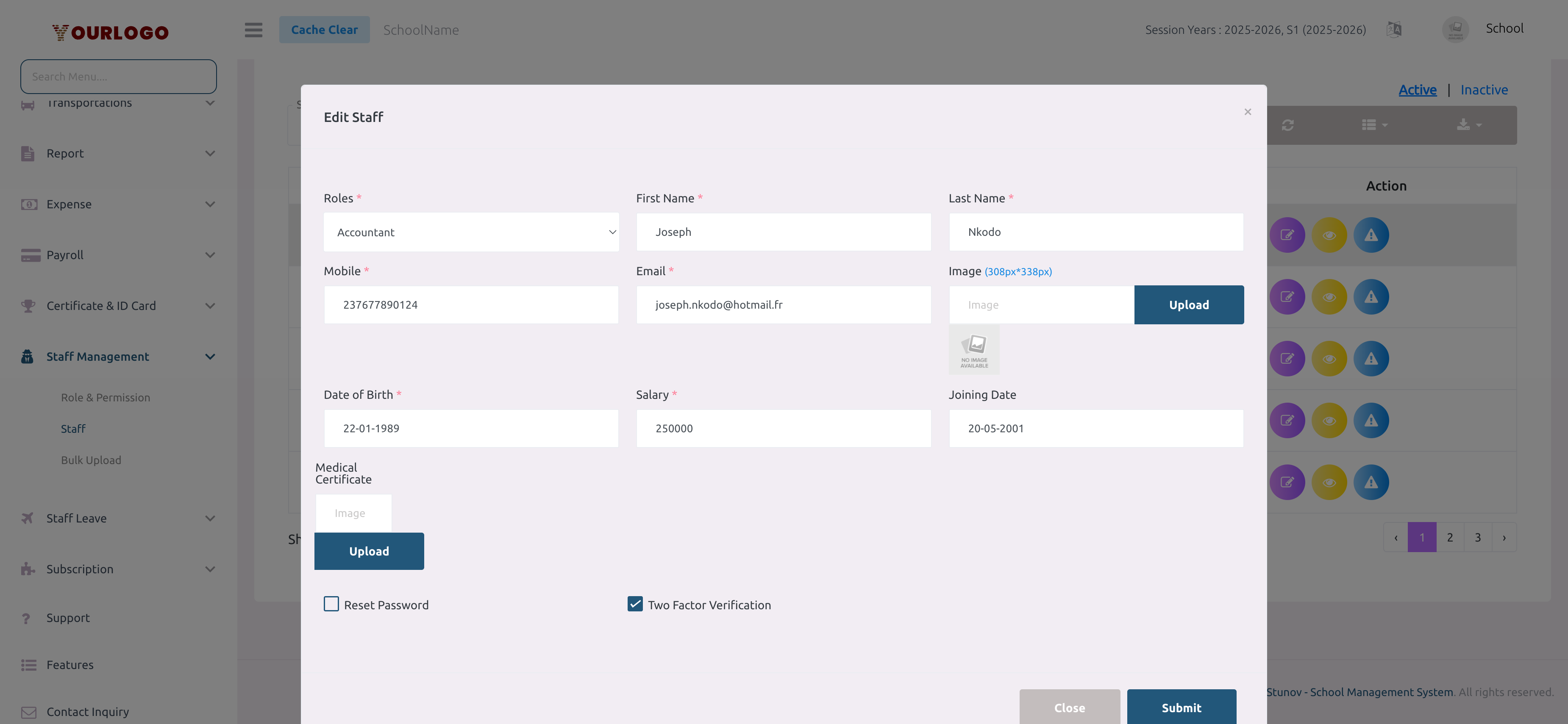 Staff edit modal with pre-filled form fields