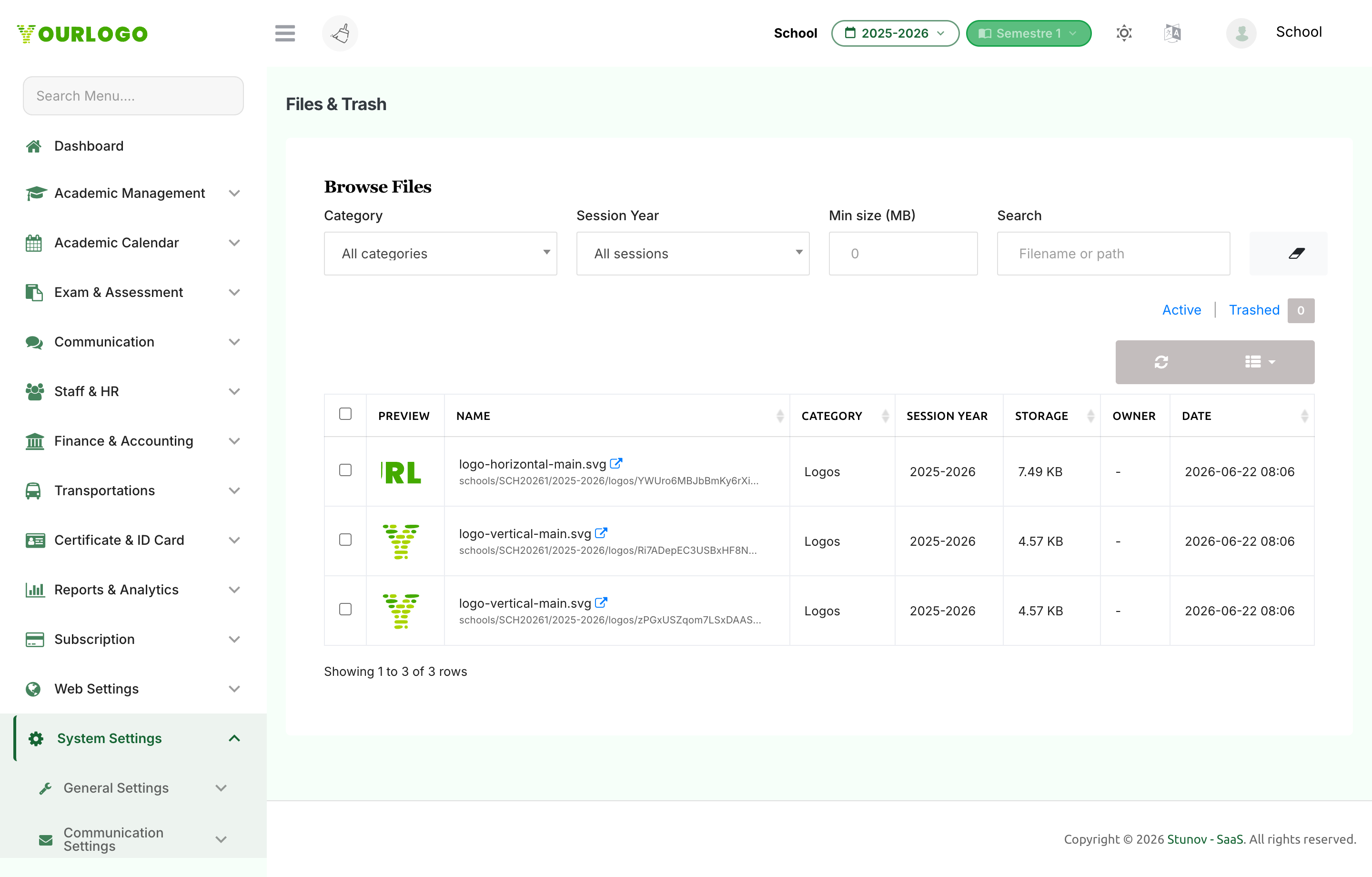 Files and Trash page with filters, the file table, and bulk action bar
